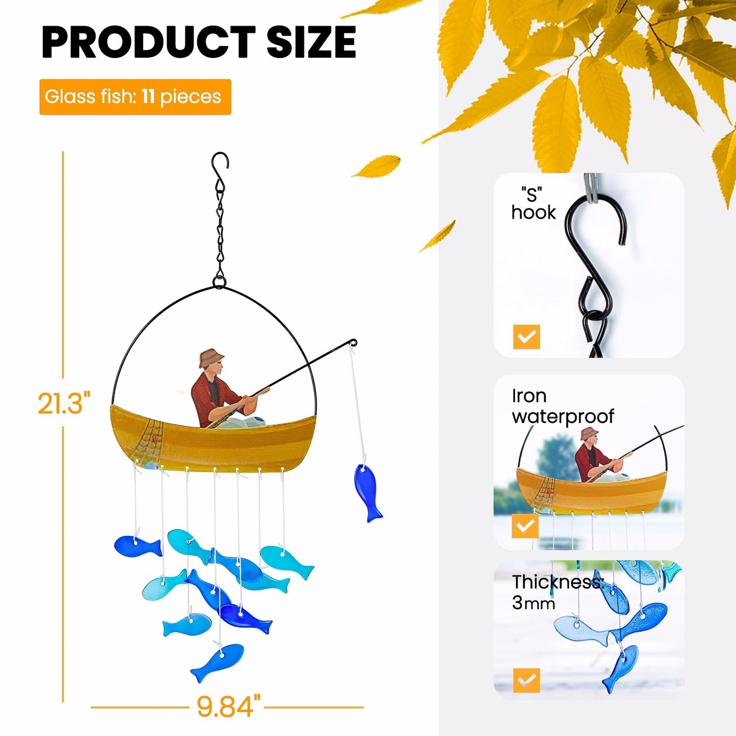Stained Glass Fisherman Boat Wind Chime with Hanging Blue Fish