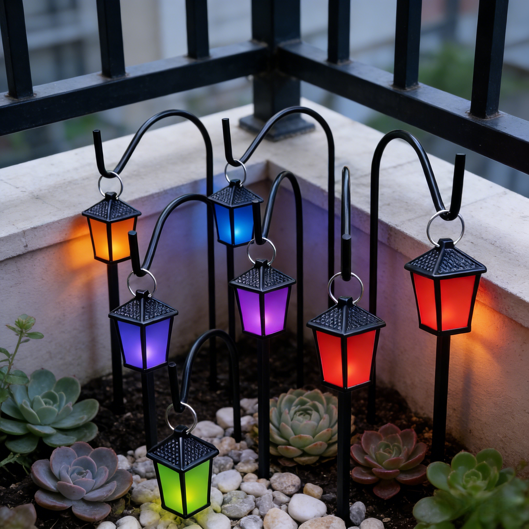 Set of 7 Colorful Glow-in-the-Dark Mini Lantern Garden Stakes