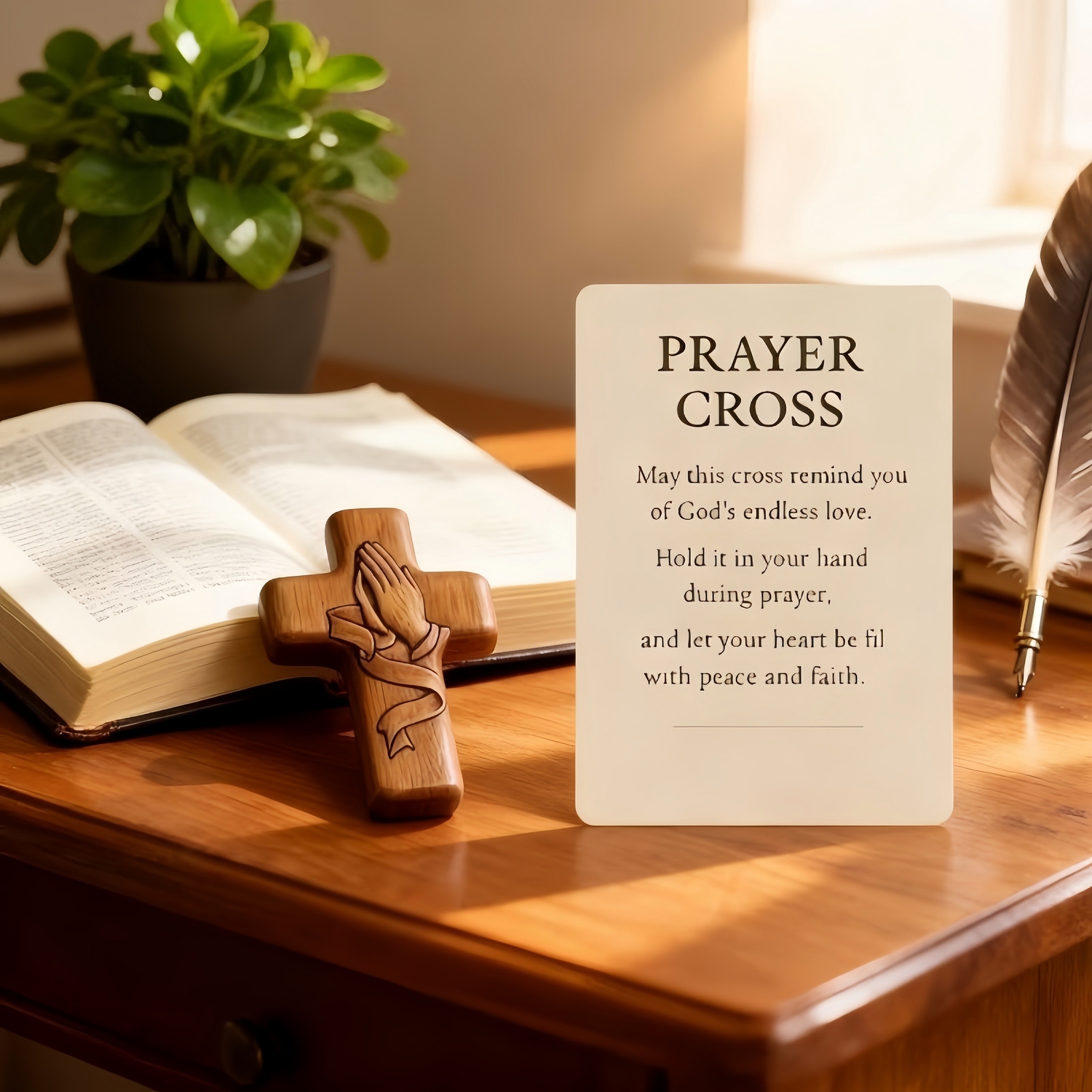 Hand-Carved Walnut Wood Pocket Prayer Cross with Card & Mesh Bag