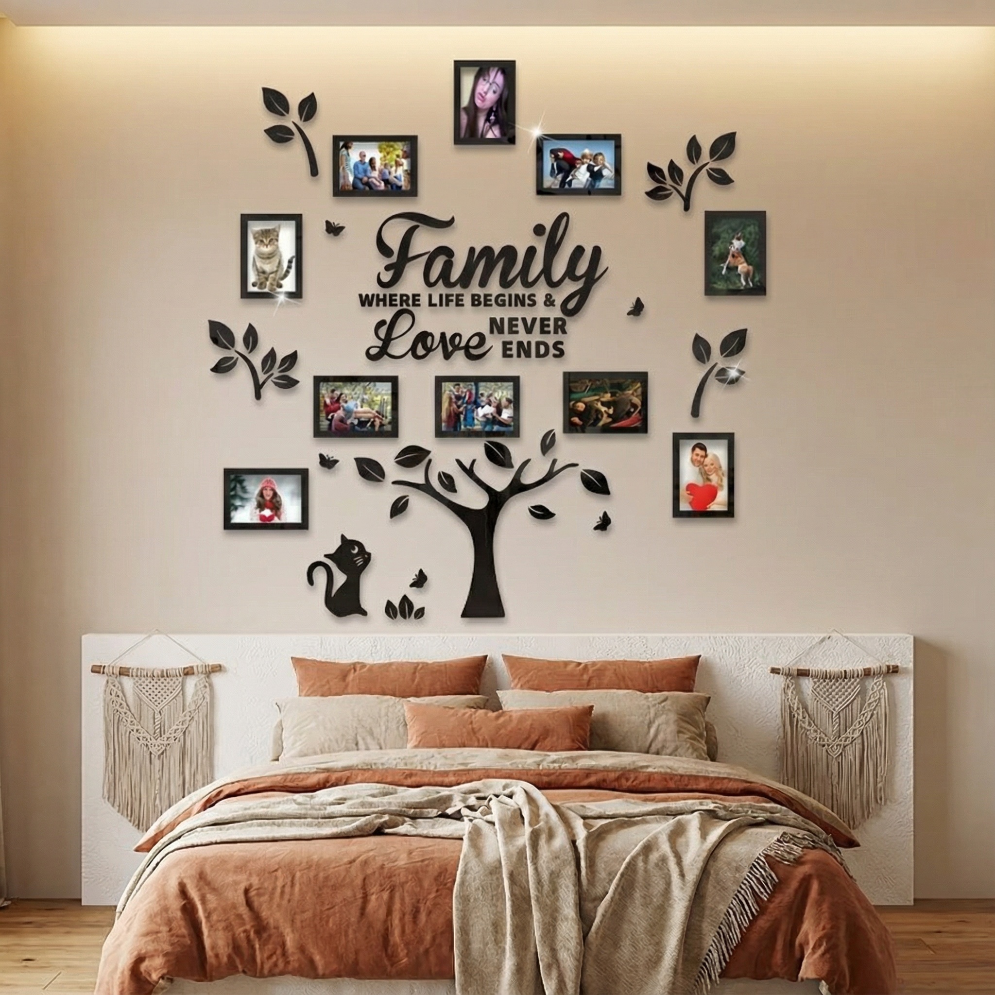 Family Tree Mirror Wall Art Set with Photo Frames – "Family Where Life Begins & Love Never Ends" Boho Cat Gallery Wall Décor