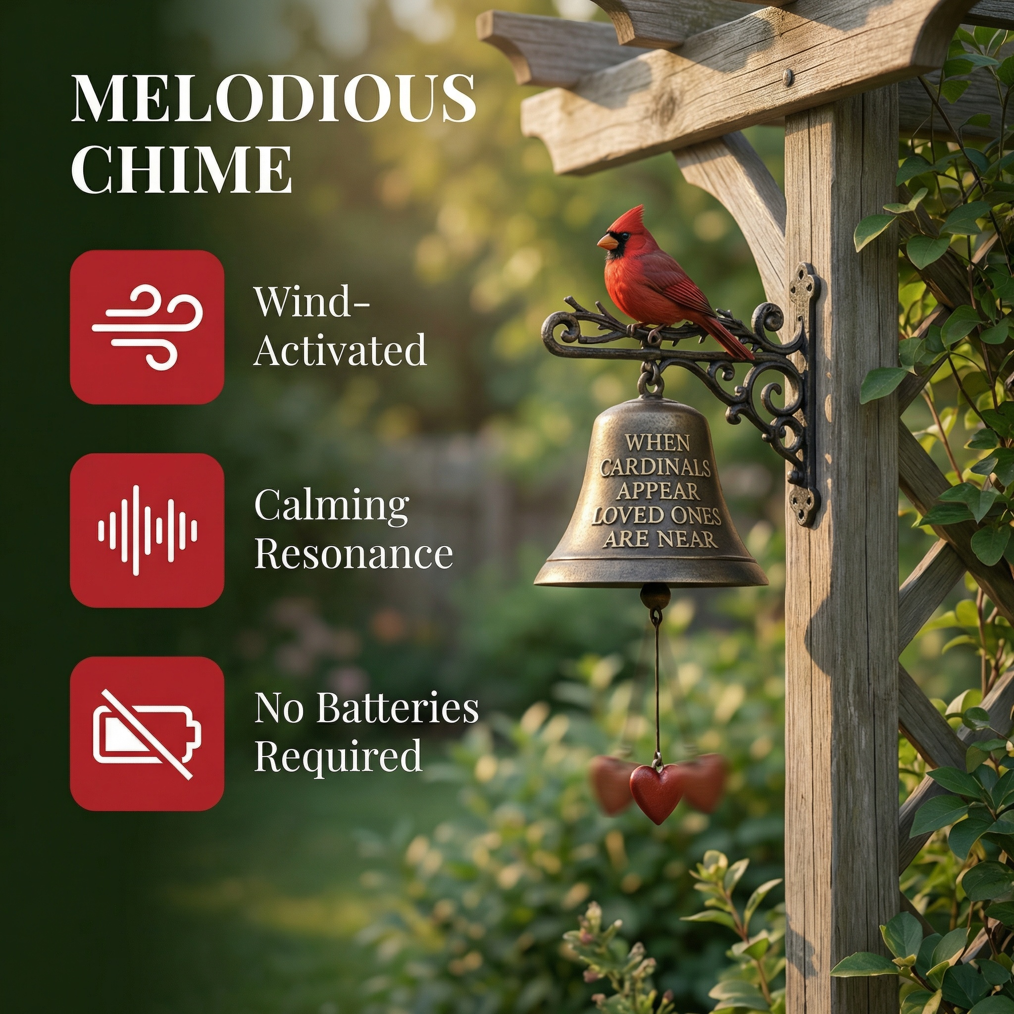 Cardinal Memorial Garden Bells – Outdoor Garden Sympathy Chime for Porch, Patio & Yard Décor