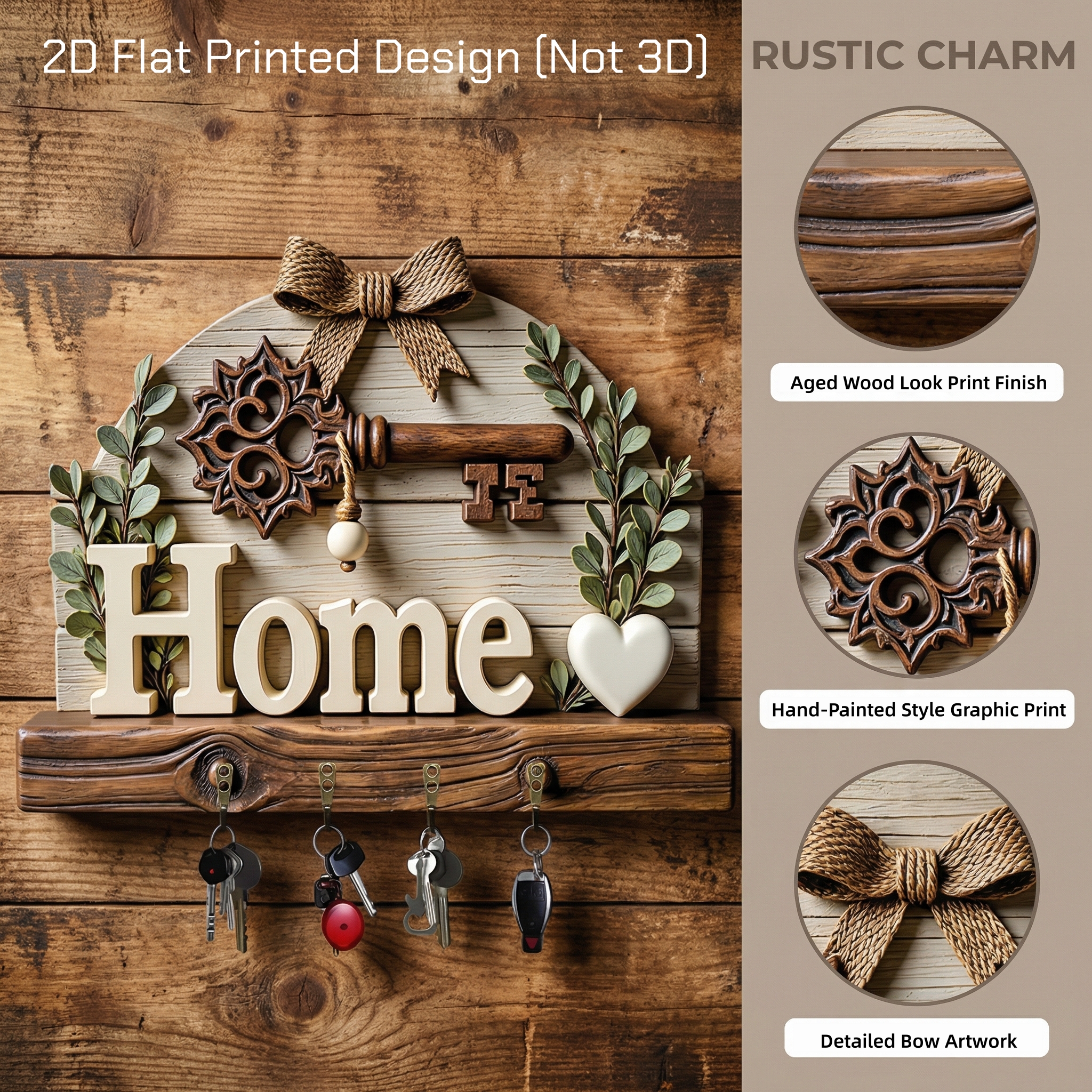 Home Wooden Key Holder Wall Decor with Hooks