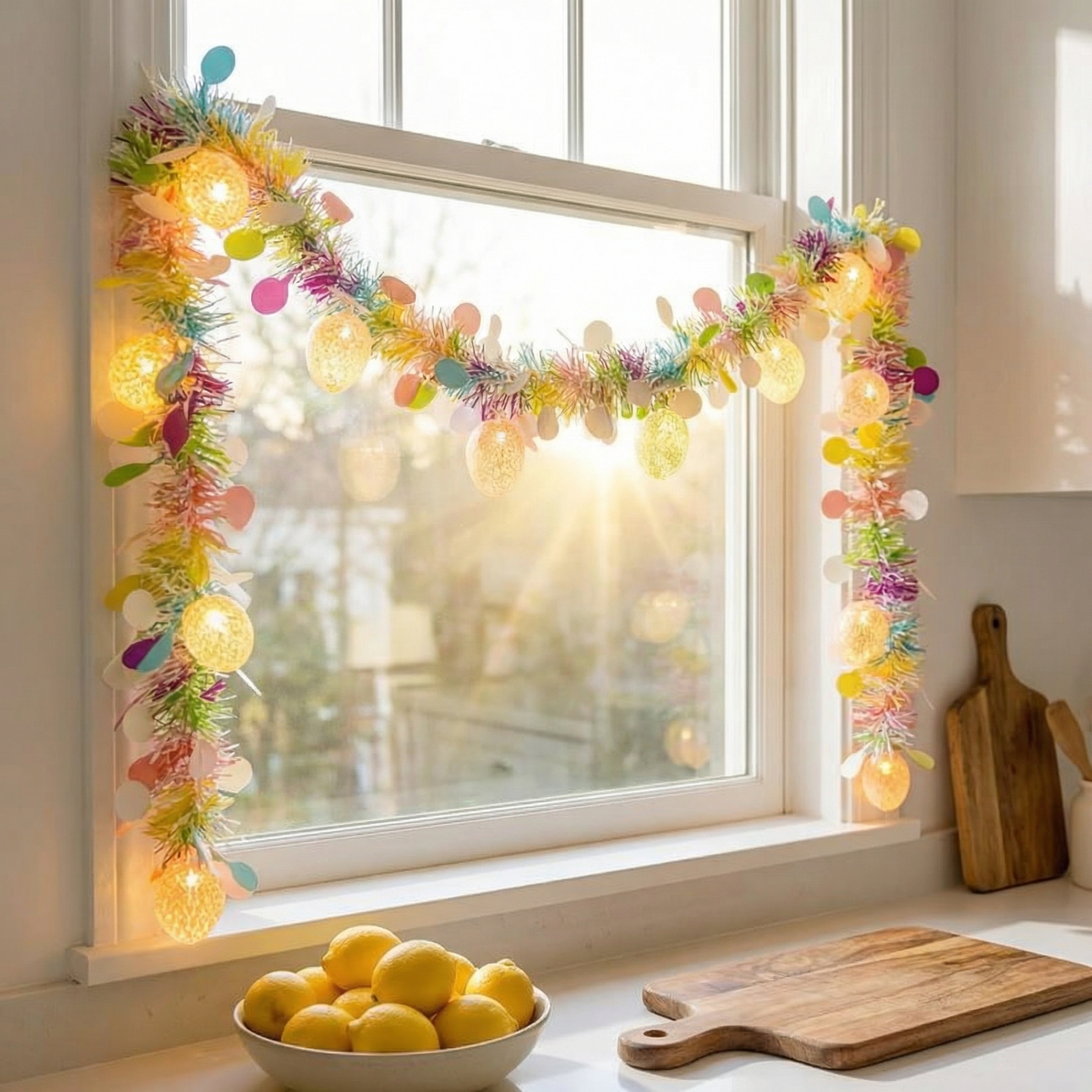 6.56FT Rainbow Easter Tinsel Garland with Egg String Lights