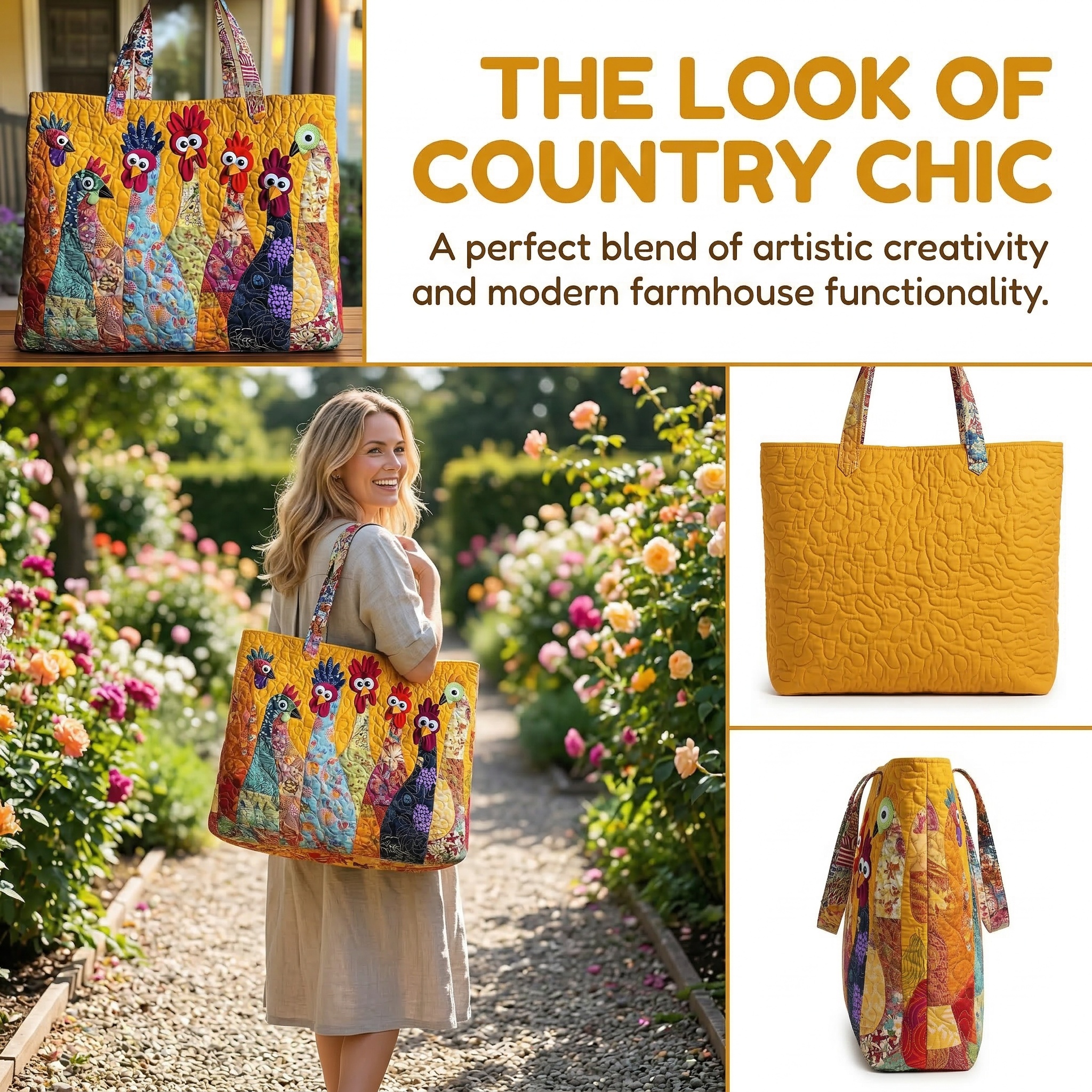 Colorful Chicken Patchwork Quilted Tote Bag