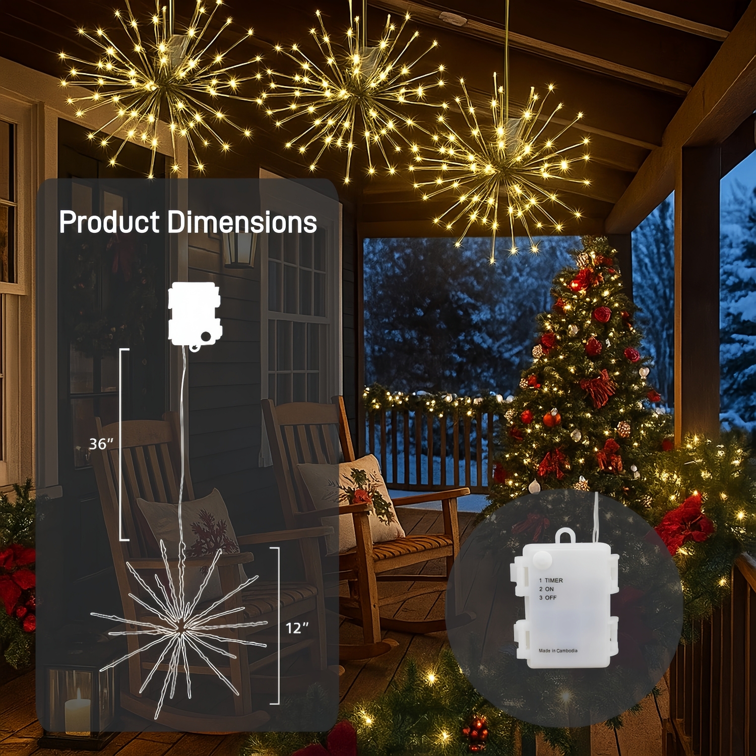 Gold Glitter Hanging Starburst Lights with Loop