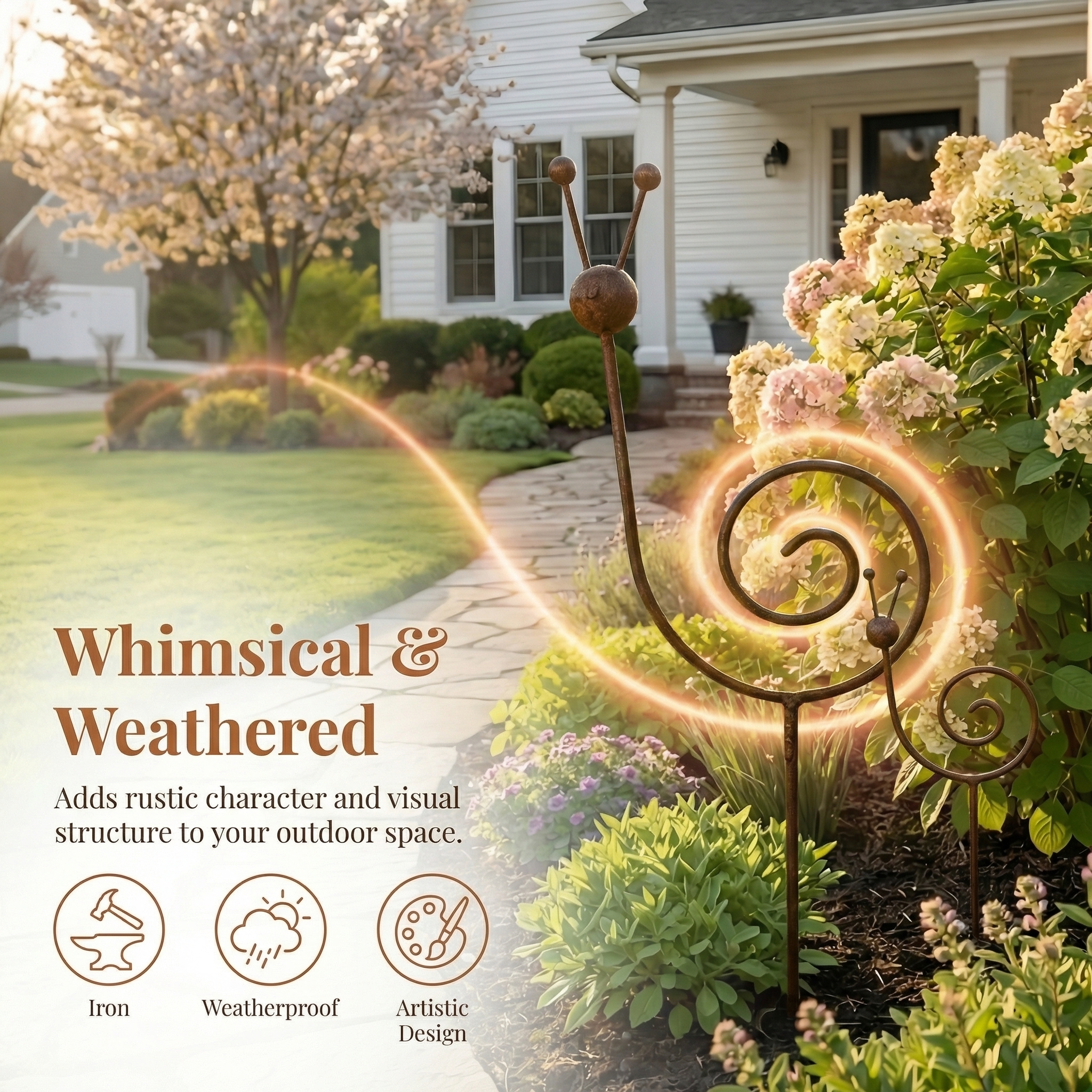 Set of 2 Rustic Iron Rust Metal Snail Plant Support Stake