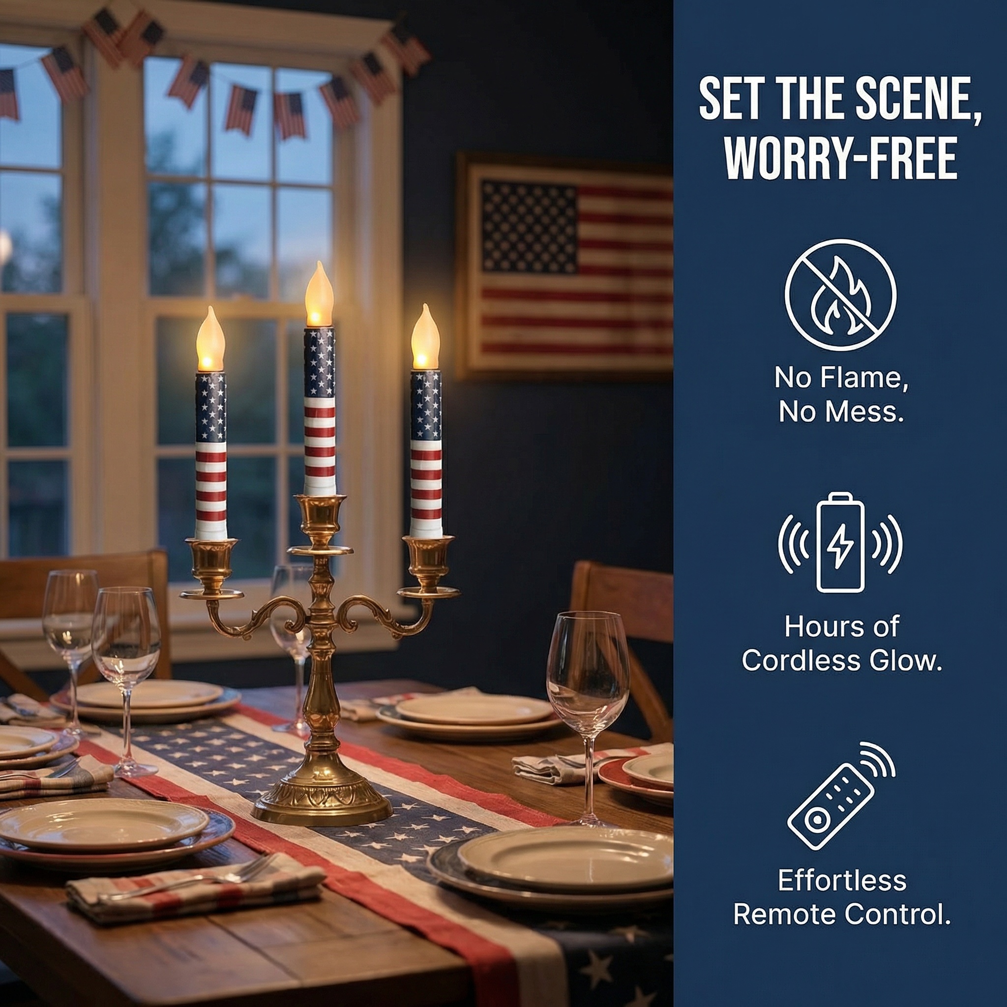 Set of 6 Patriotic LED Taper Candles with Timer