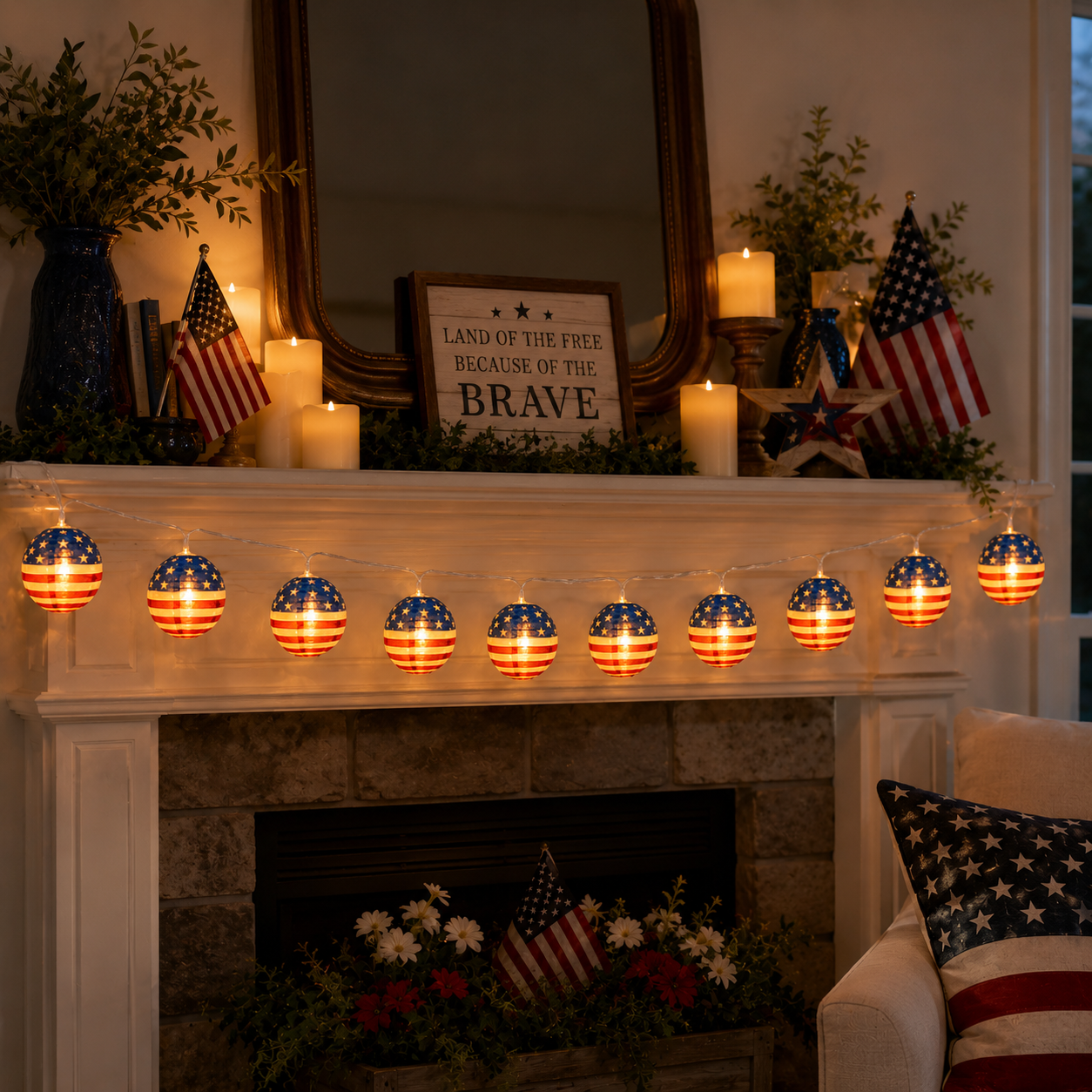 10 LED Patriotic American Flag Lantern String Lights