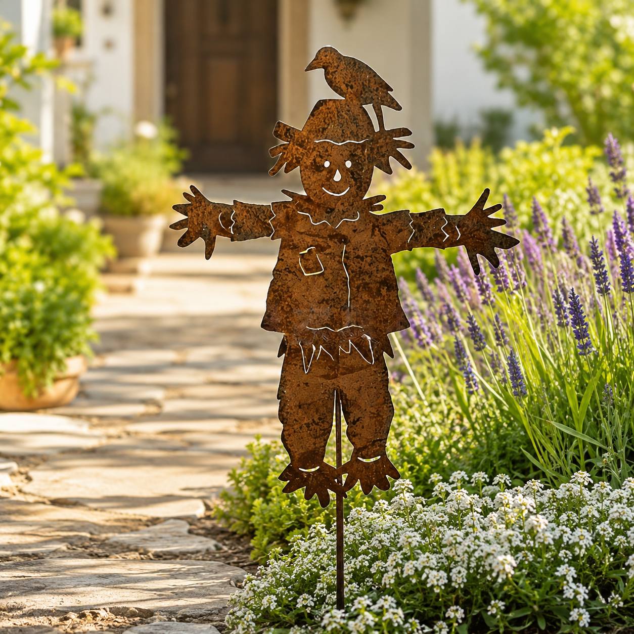Rustic Metal Scarecrow Garden Stake with Crow