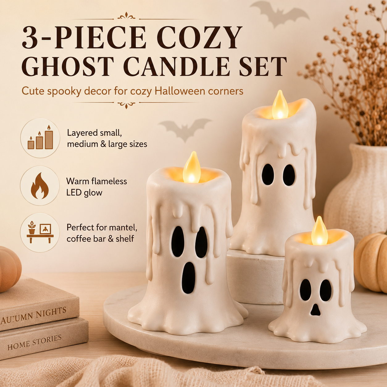 3-Piece Set Cozy Lighted Ghost Candles