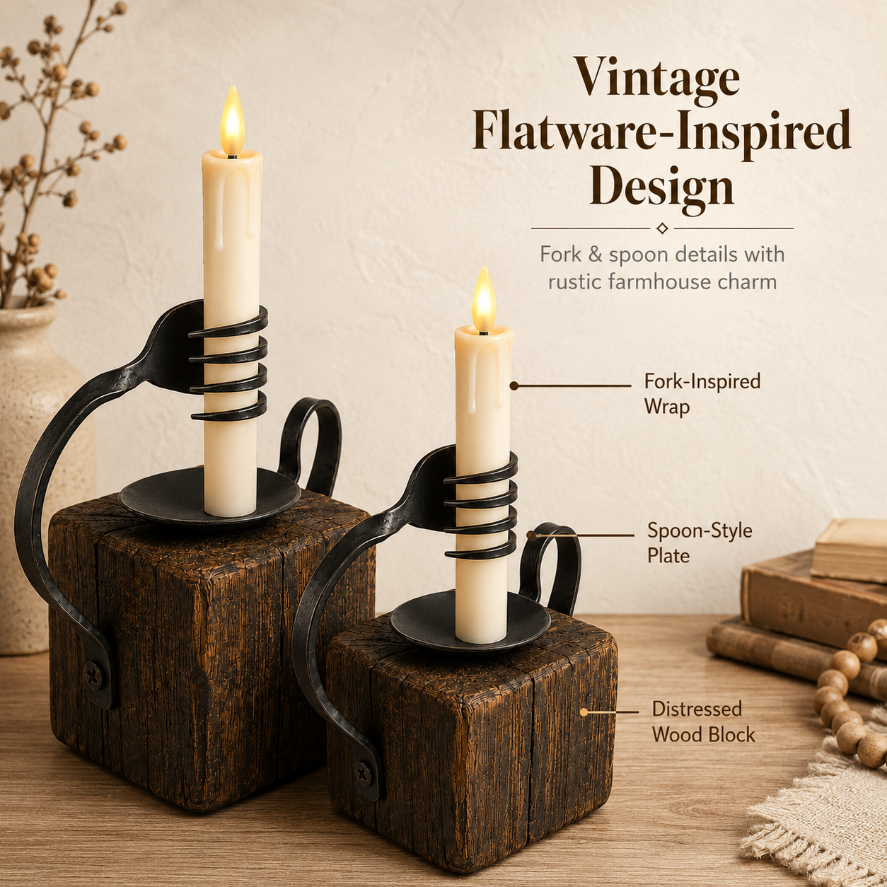 Set of 2 Vintage Flatware-Inspired Flameless LED Candle Holders with Remote