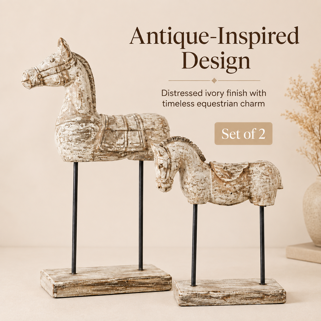 Set of 2 Vintage Weathered Horse Sculptures