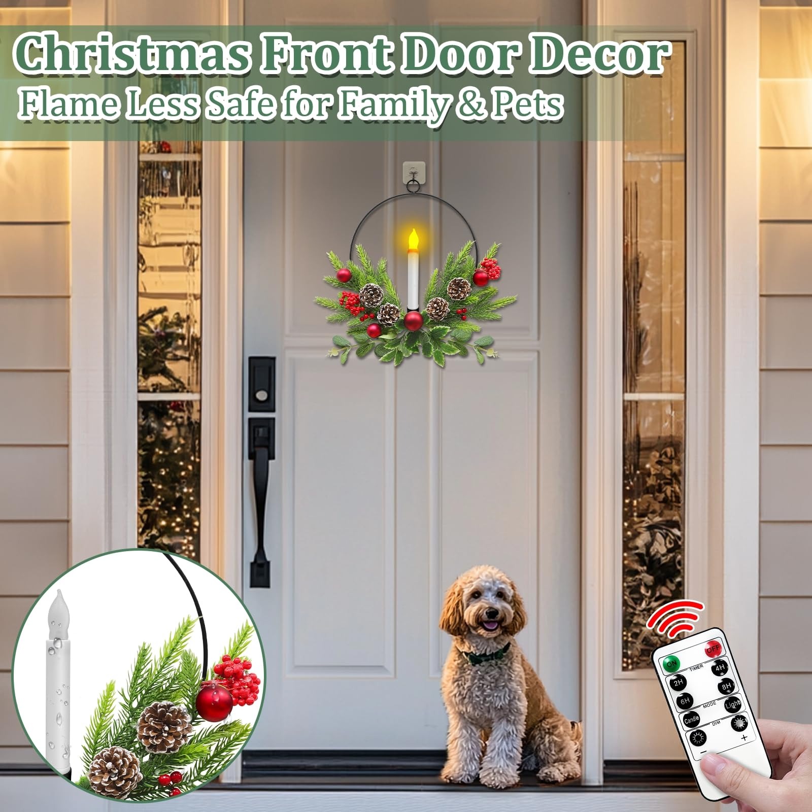 2025 Christmas Front Door & Window Candles Wreaths with Timer Remote
