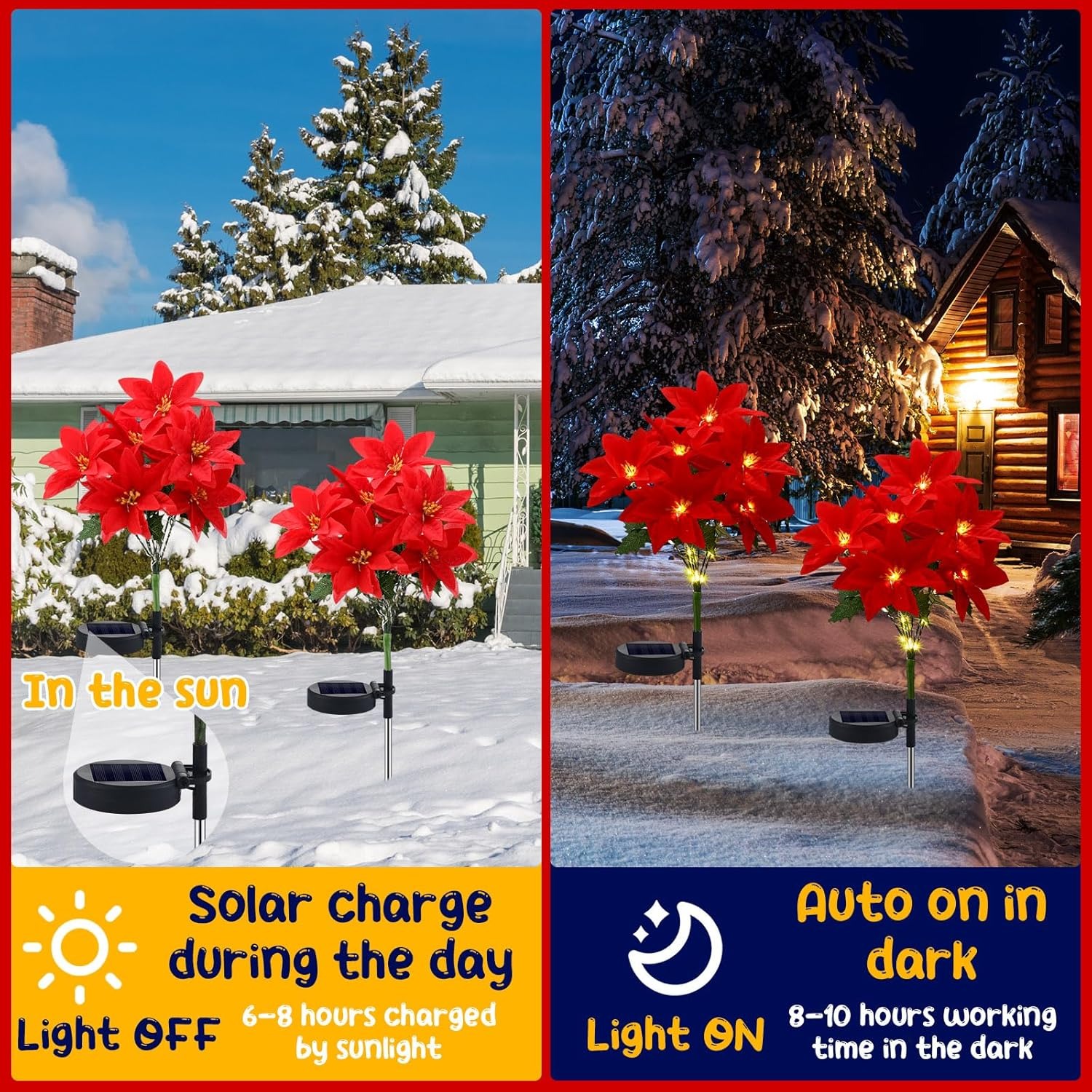 Christmas Solar Poinsettia Flower Lights – Waterproof Outdoor LED Holiday Pathway Decor