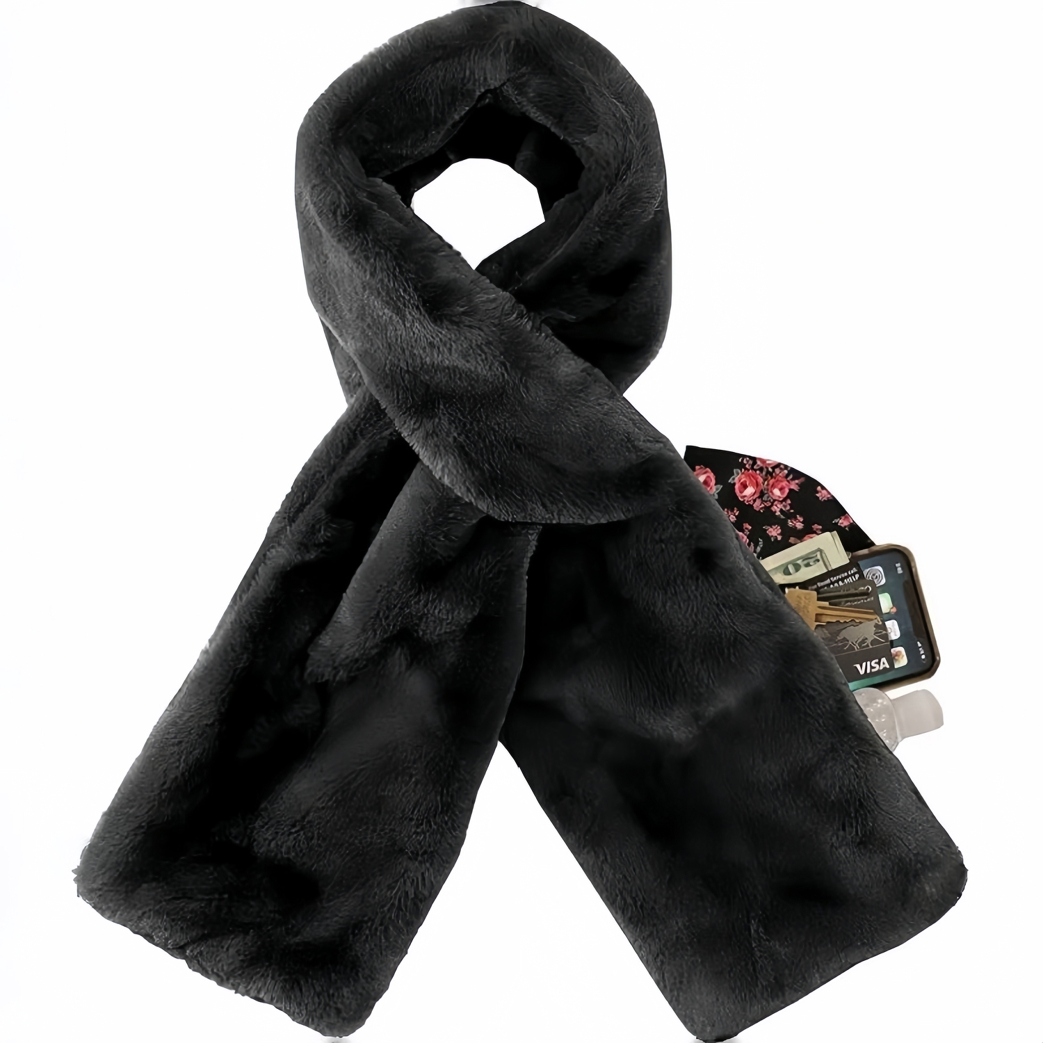 Faux Fur Scarf with Hidden Zipper Pocket