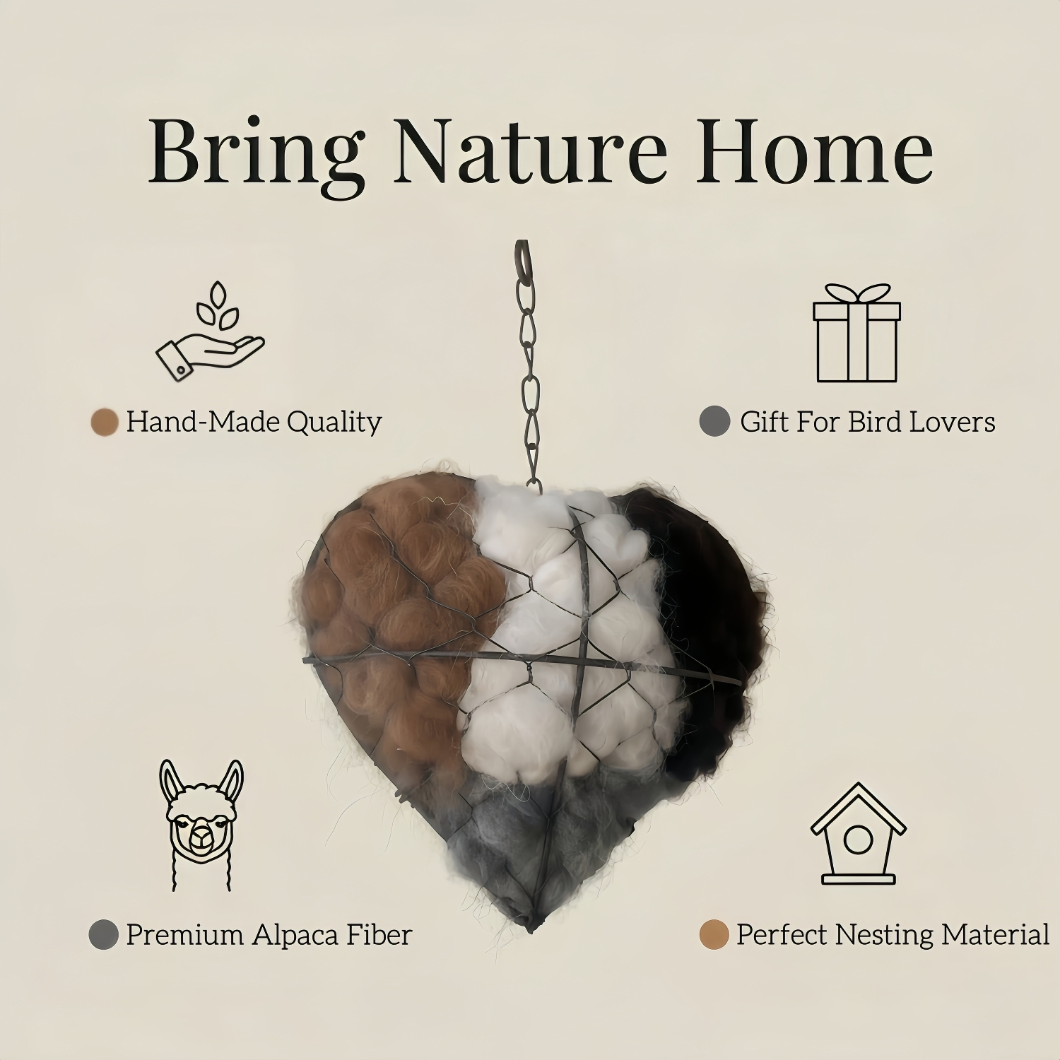 Handmade Alpaca Fiber Bird Nesting Heart