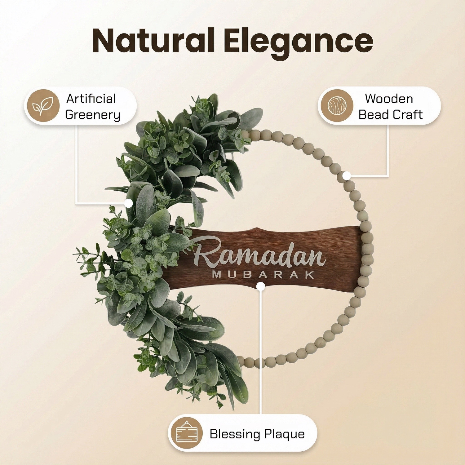 Ramadan Mubarak Wreath for Front Door – Greenery Decor for Ramadan & Eid