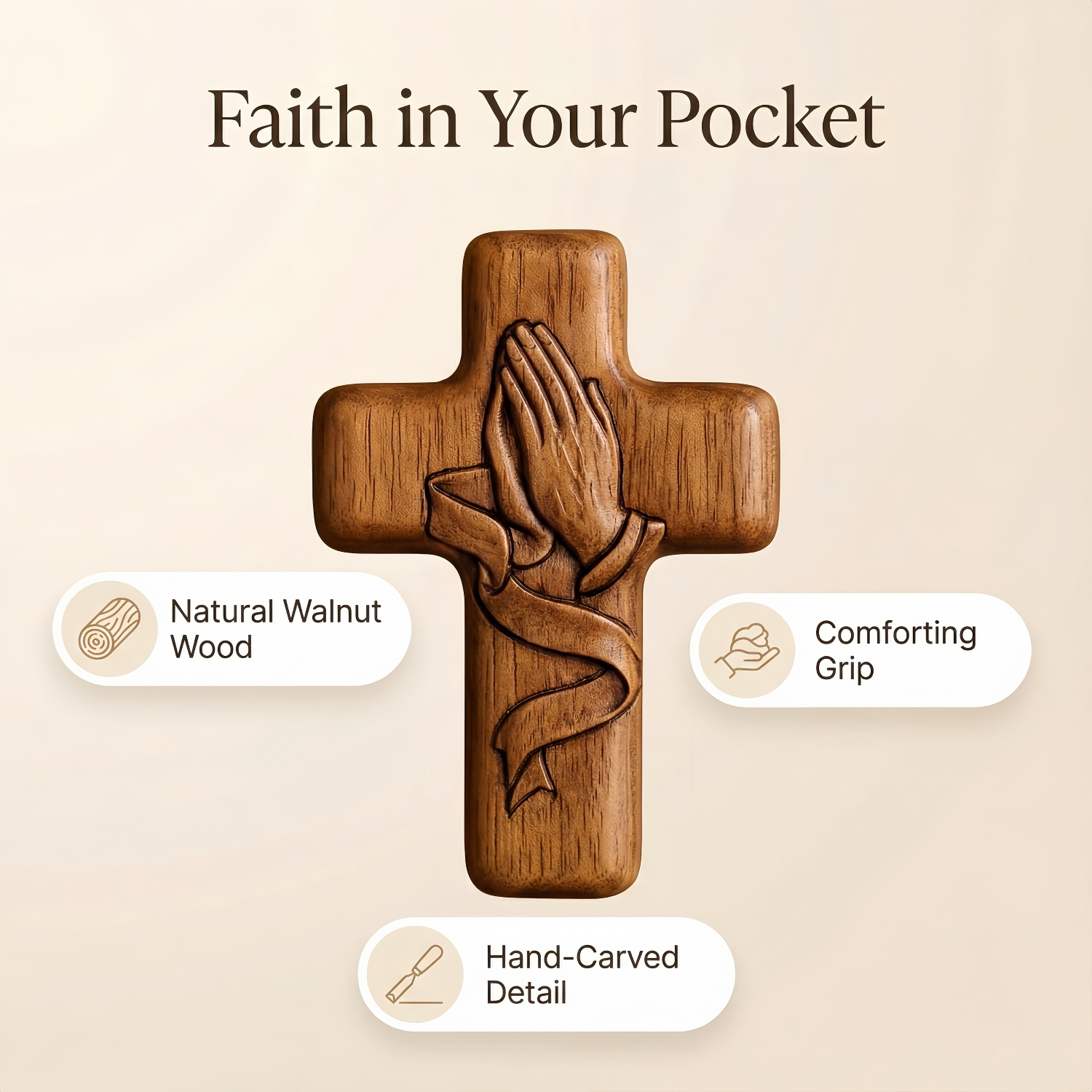 Hand-Carved Walnut Wood Pocket Prayer Cross with Card & Mesh Bag