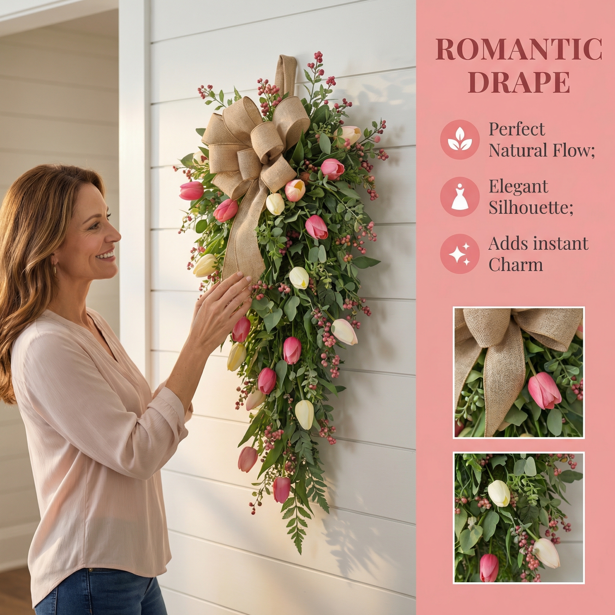 Artificial Tulip Door Swag with Greenery Leaves and Burlap Bow