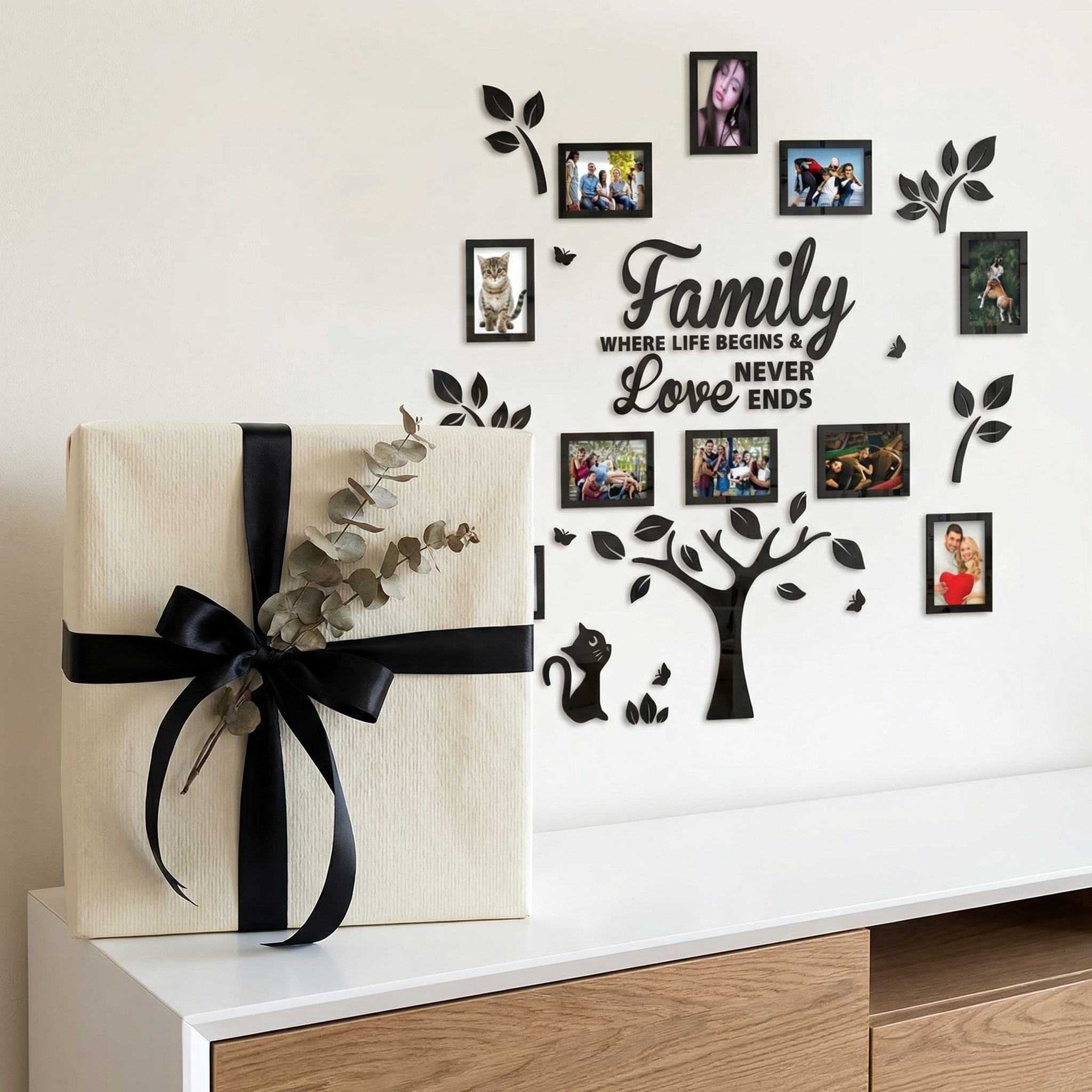 Family Tree Mirror Wall Art Set with Photo Frames – "Family Where Life Begins & Love Never Ends" Boho Cat Gallery Wall Décor
