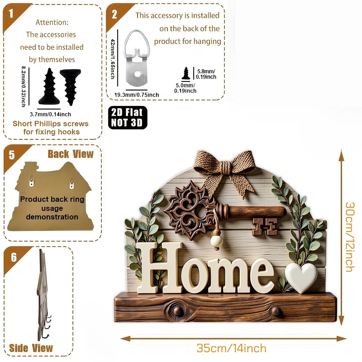 Home Wooden Key Holder Wall Decor with Hooks