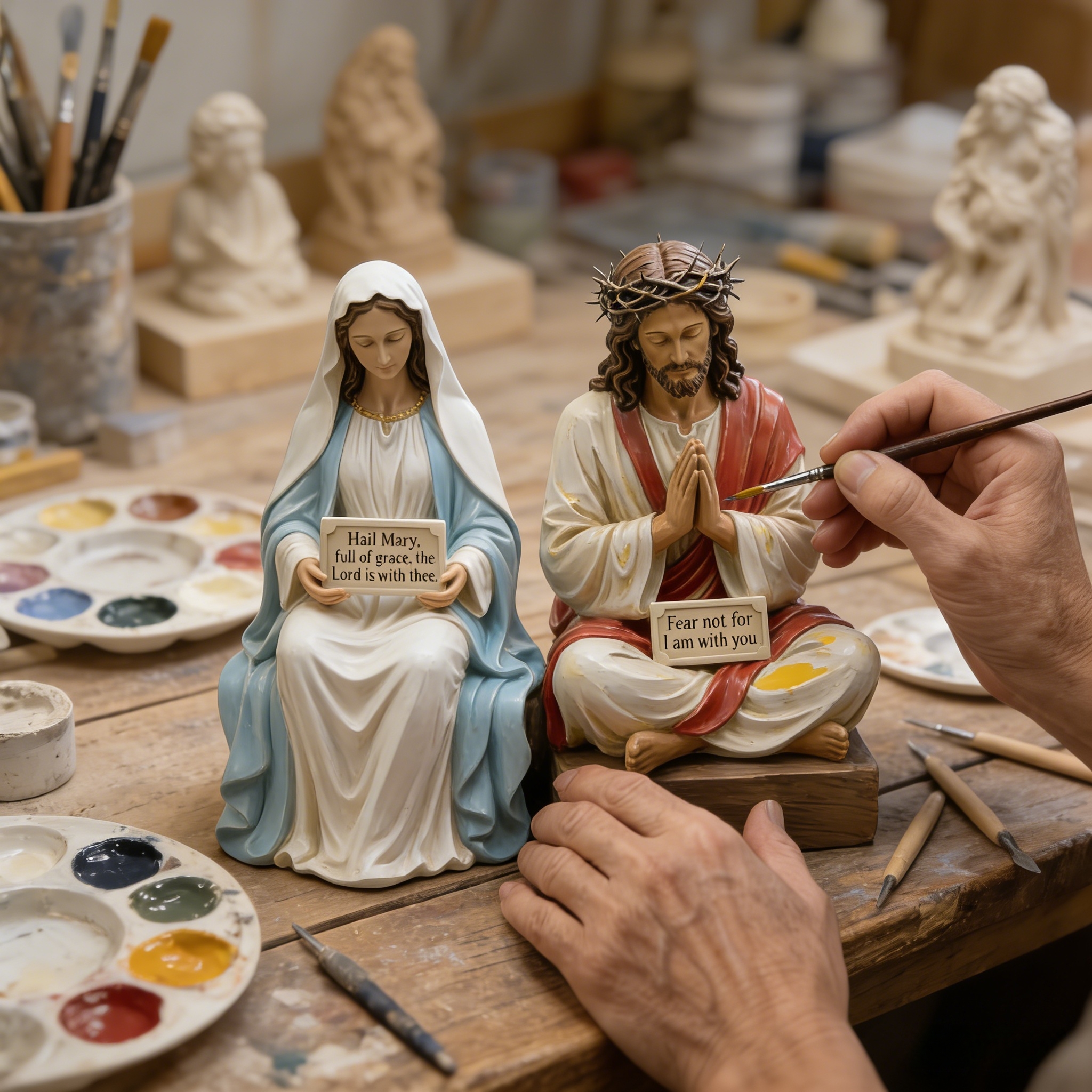Hand-Painted Praying Jesus & Virgin Mary Figurines