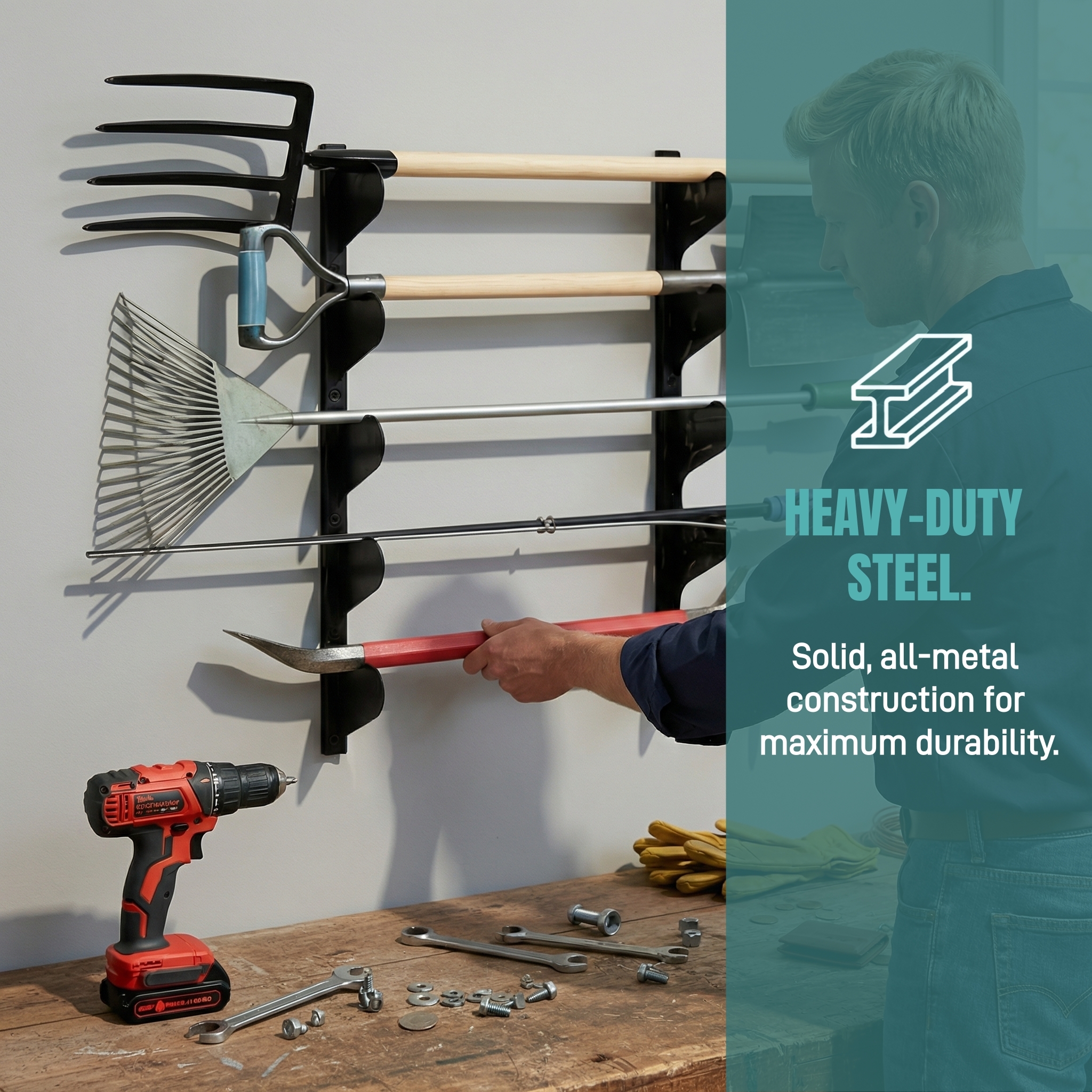 Heavy Duty Wall Mounted Garden Tool Organizer Rack