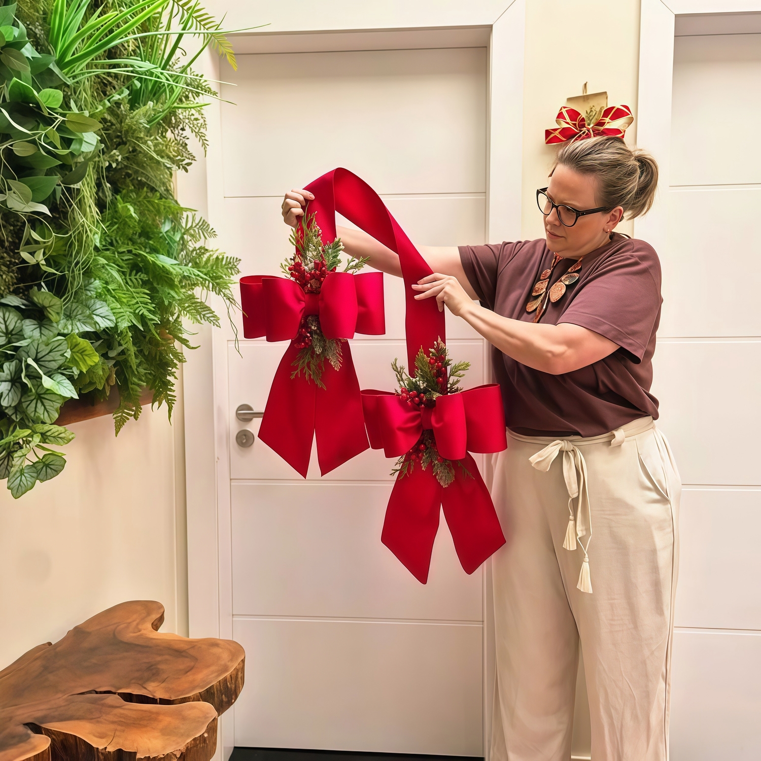 🎄Early Christmas Sale🔥Christmas Double Velvet Bow Ribbon with Holiday Greenery & Berries