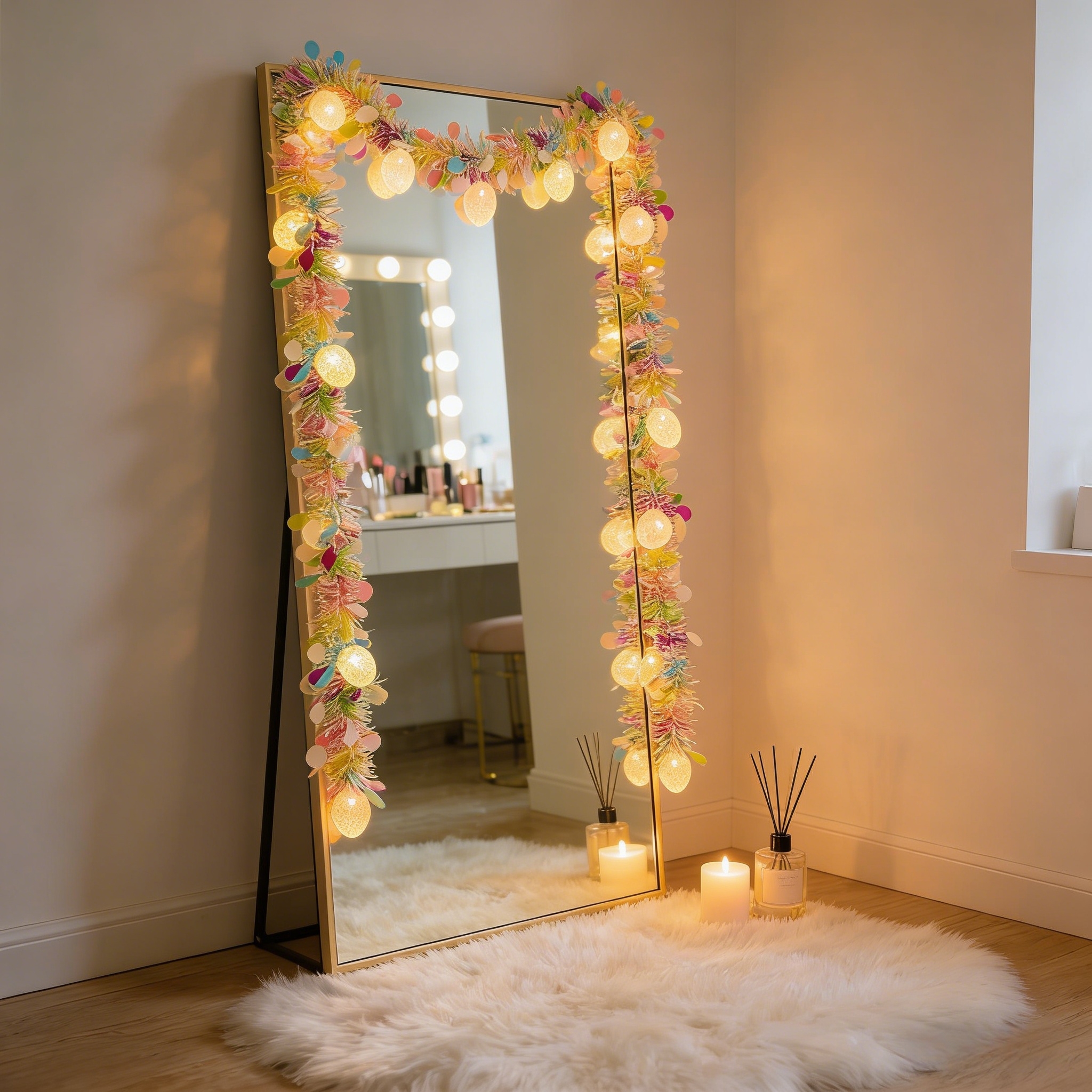 6.56FT Rainbow Easter Tinsel Garland with Egg String Lights