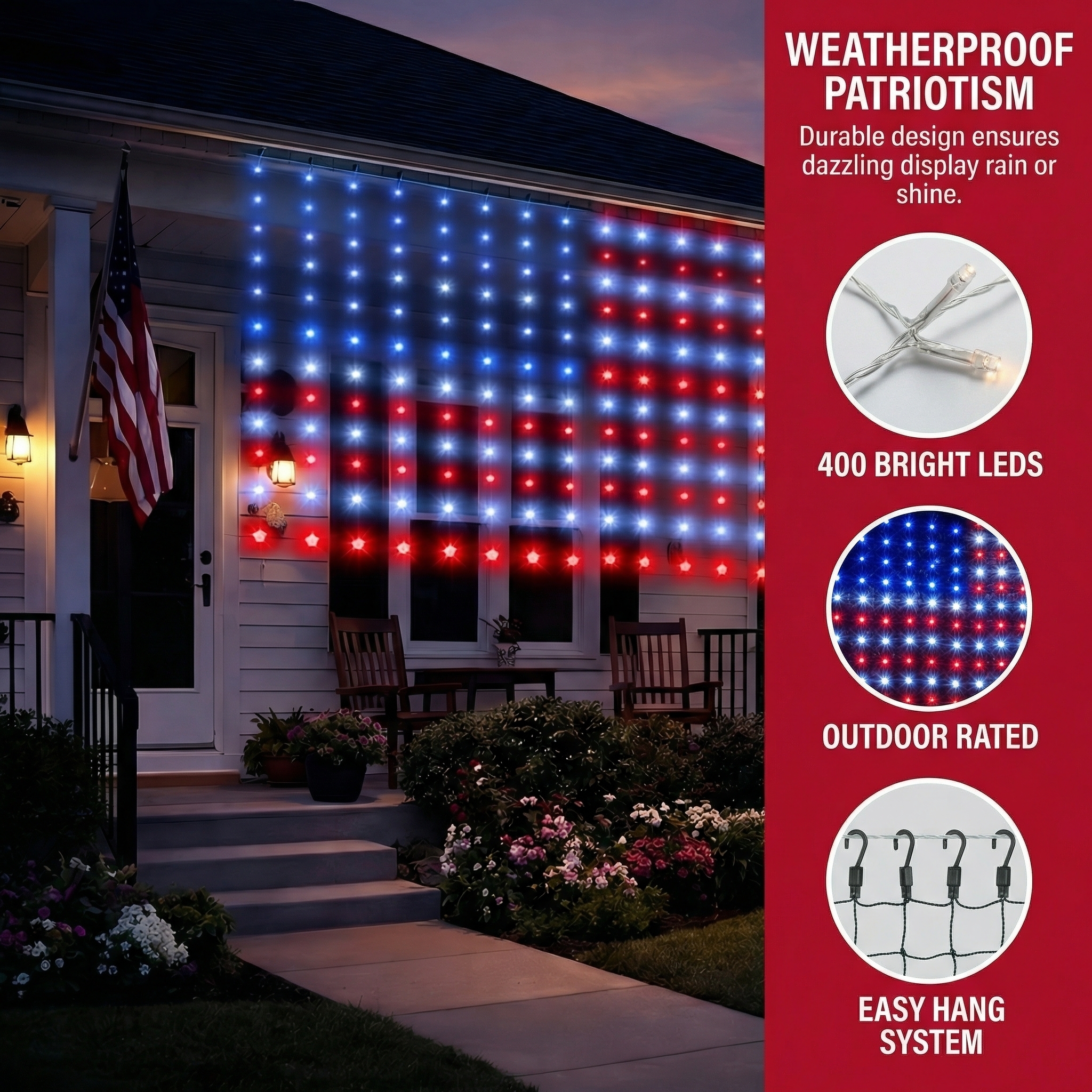 American Flag Curtain Lights, Waterproof Patriotic Outdoor String Lights, Red White Blue Decoration