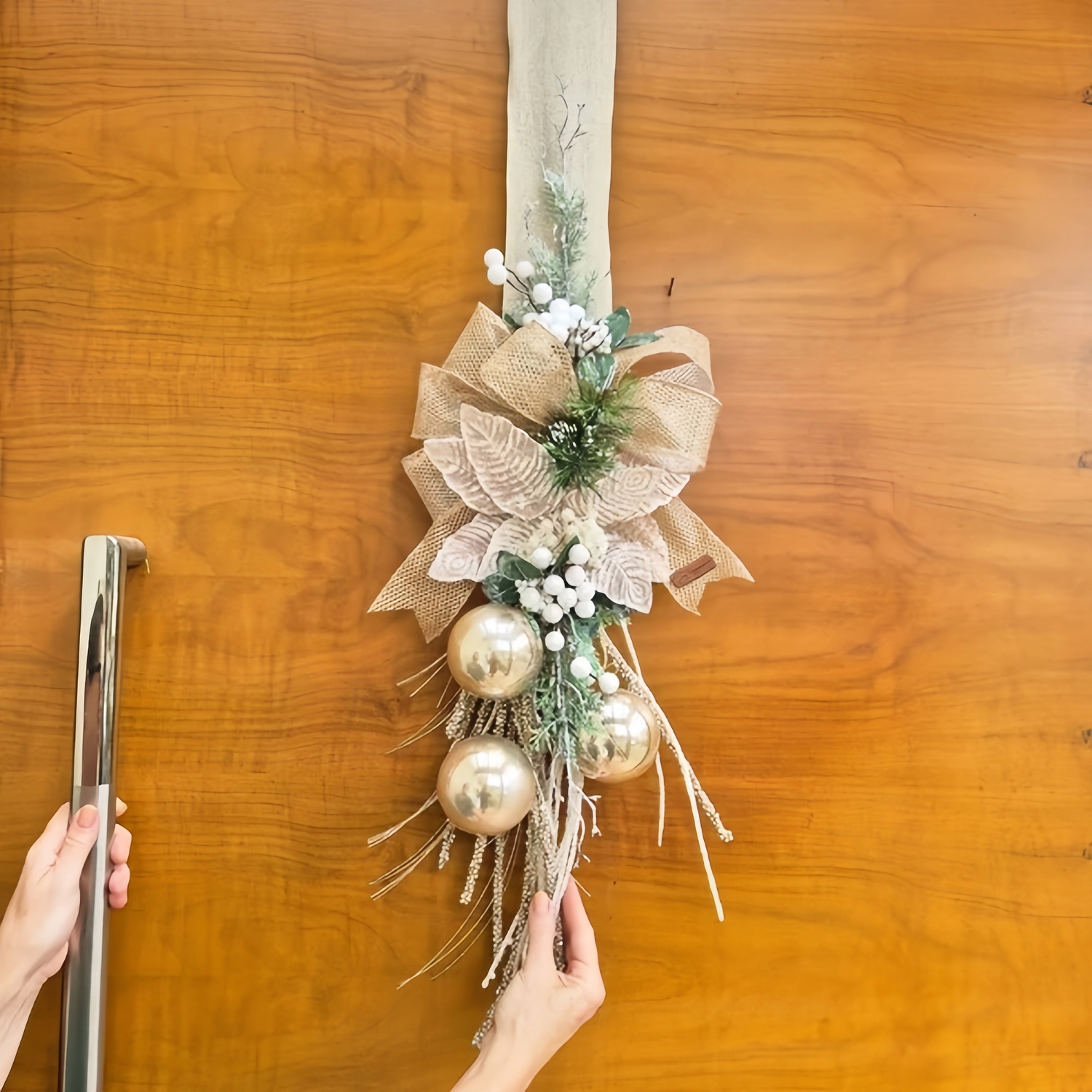 Glam Gold Christmas Door Ribbon with Ornaments & Greenery