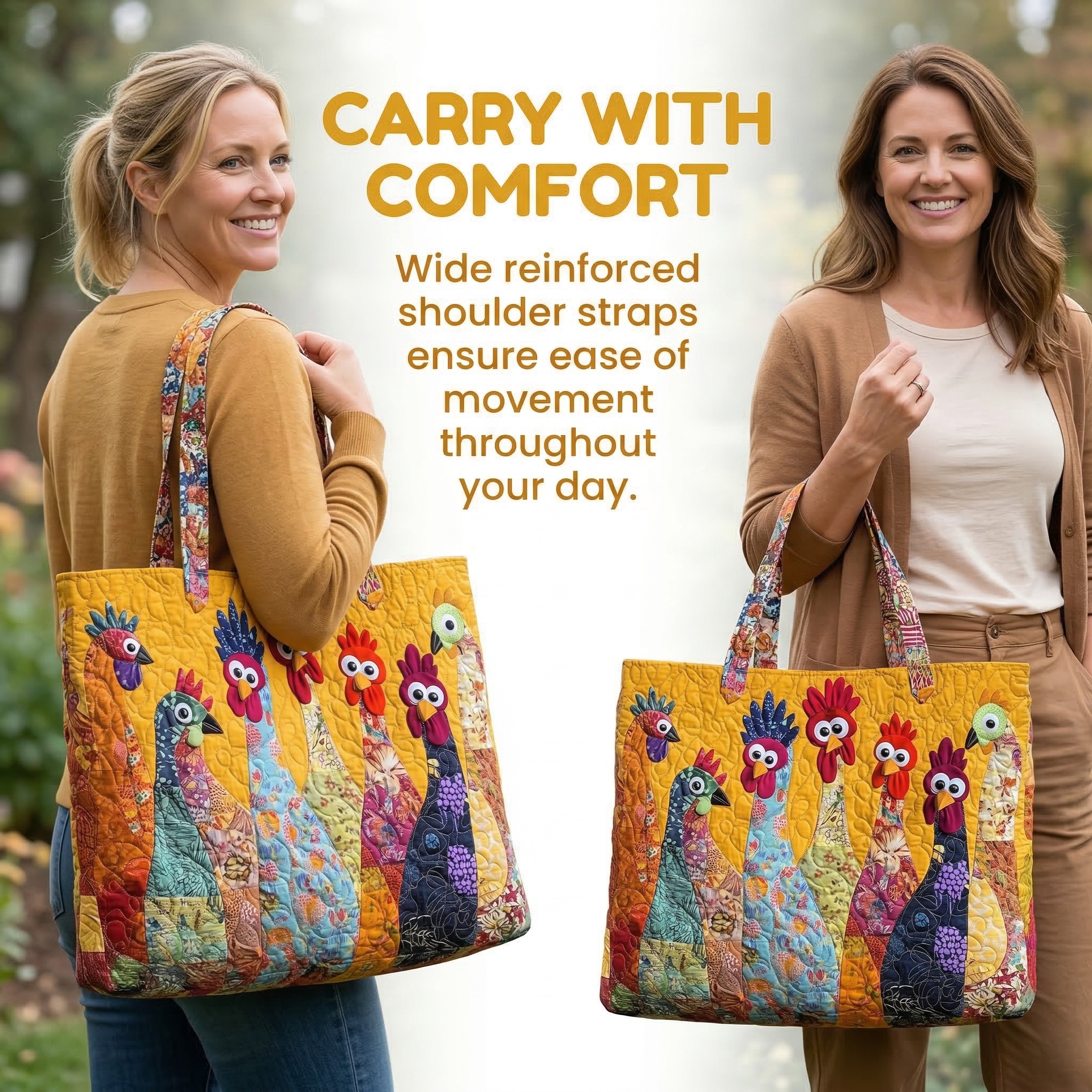 Colorful Chicken Patchwork Quilted Tote Bag