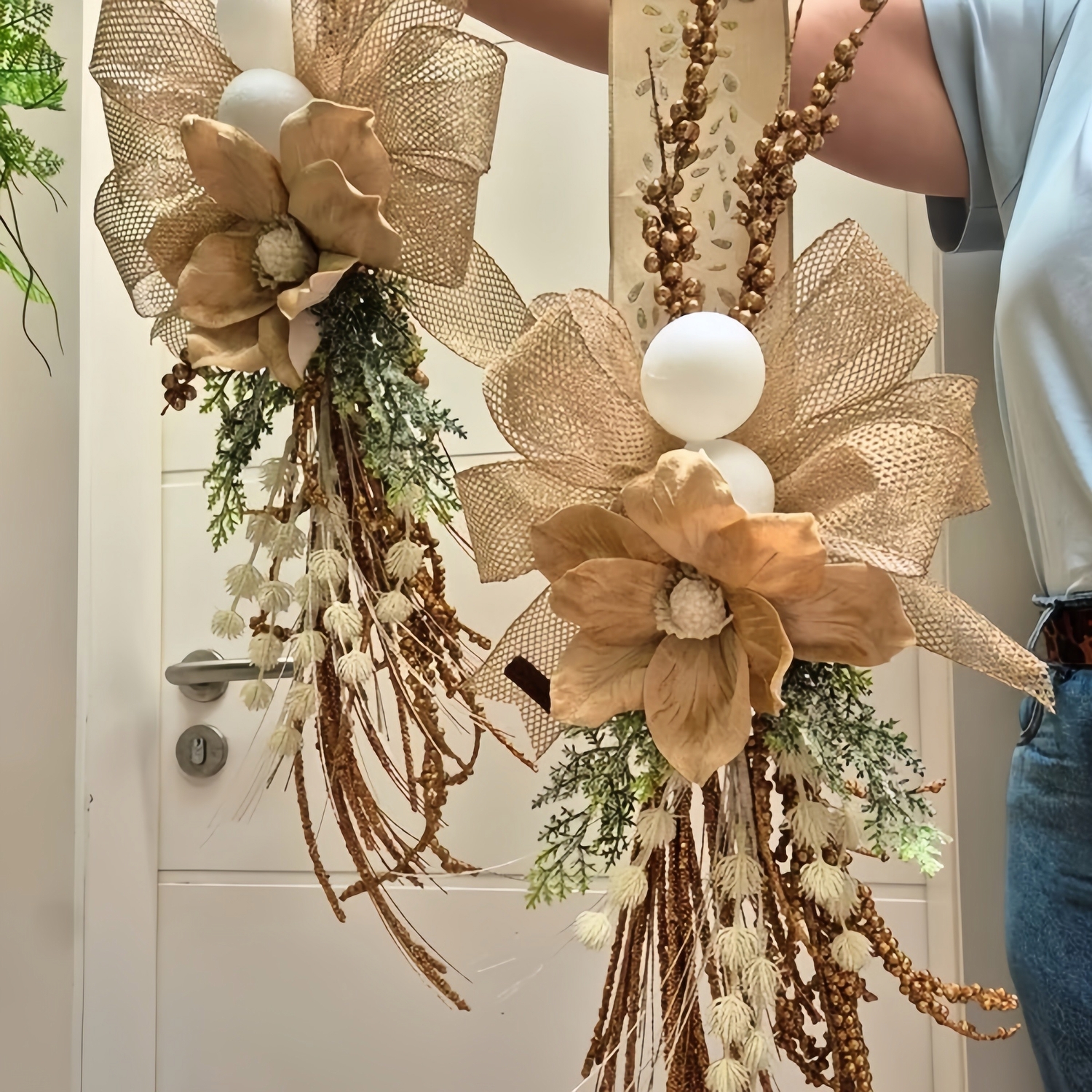 Elegant Bronze Double Ribbon Christmas Door Decor