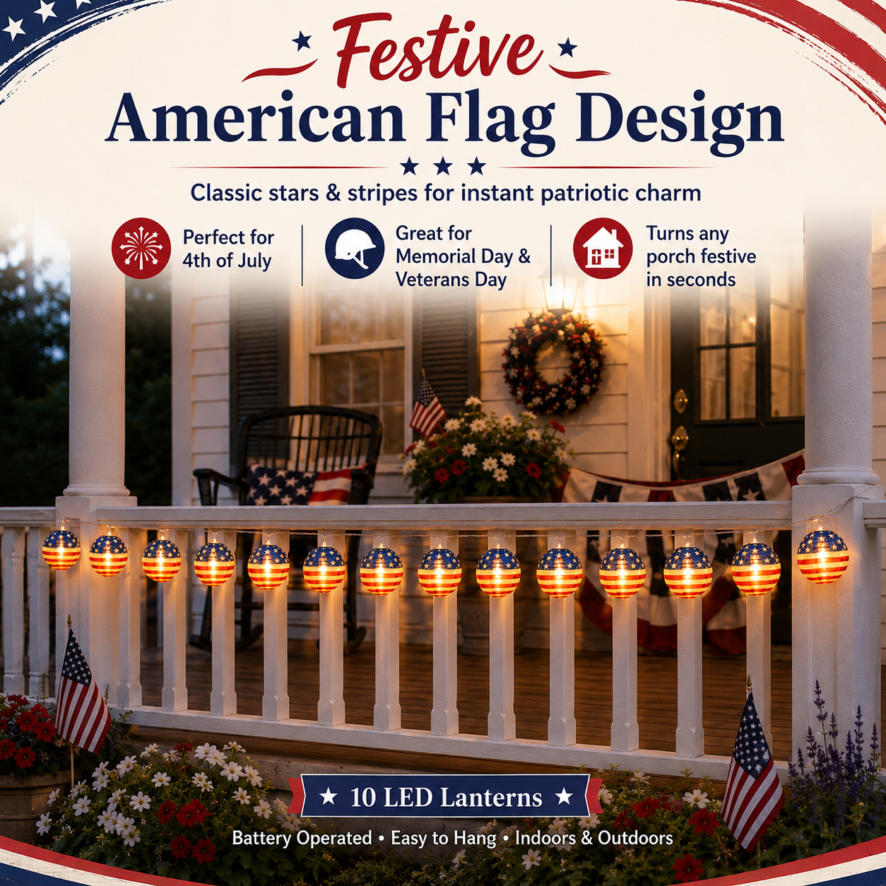 10 LED Patriotic American Flag Lantern String Lights
