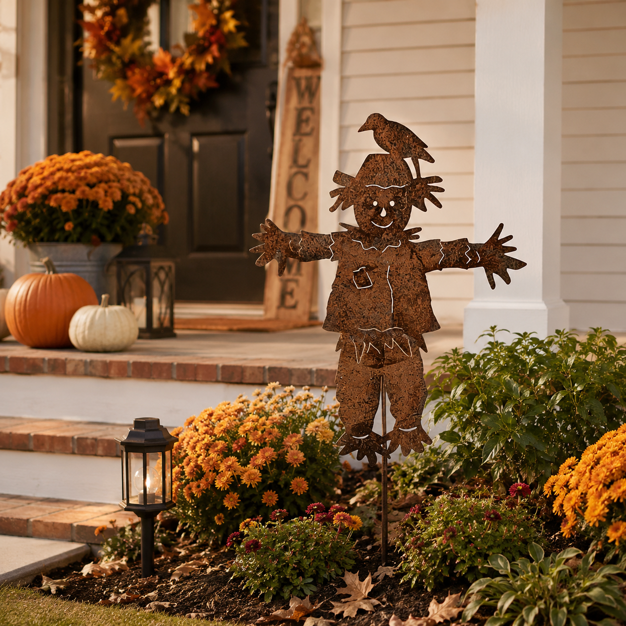 Rustic Metal Scarecrow Garden Stake with Crow