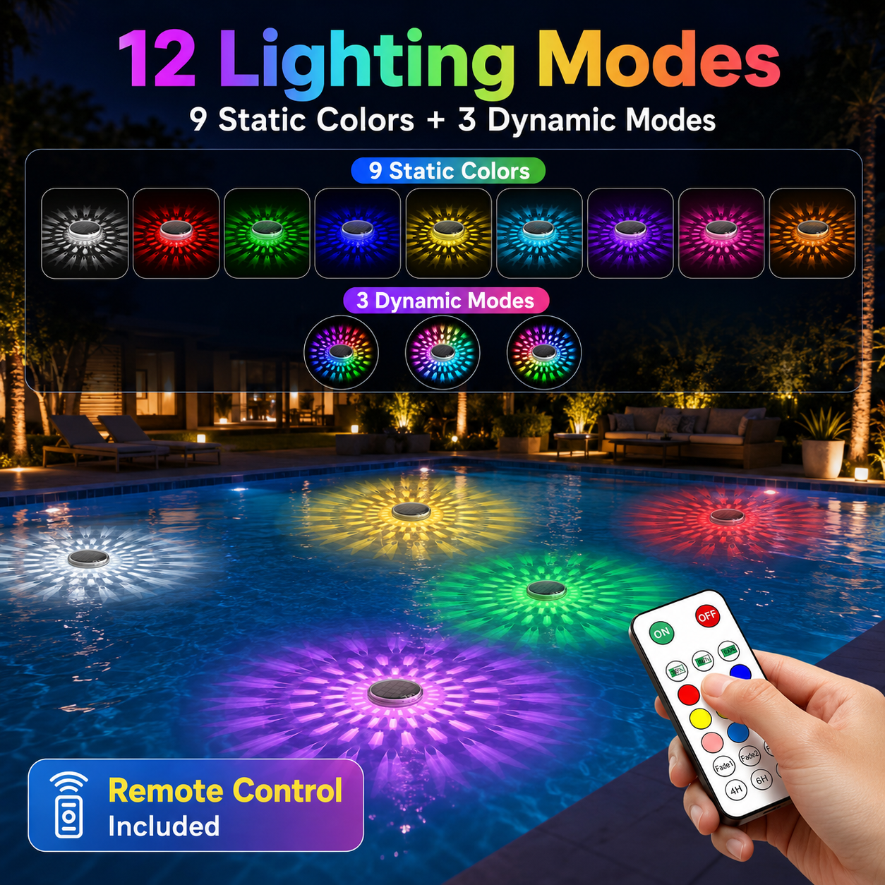2 Pack Solar Powered Floating Pool Lights with Remote Control