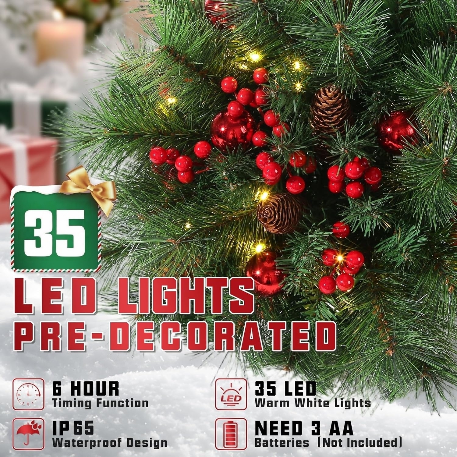 💥ON SALE💥2025 New Pre-Lit Christmas Urn Filler with Pine Cones, Red Berries & Ornament Balls