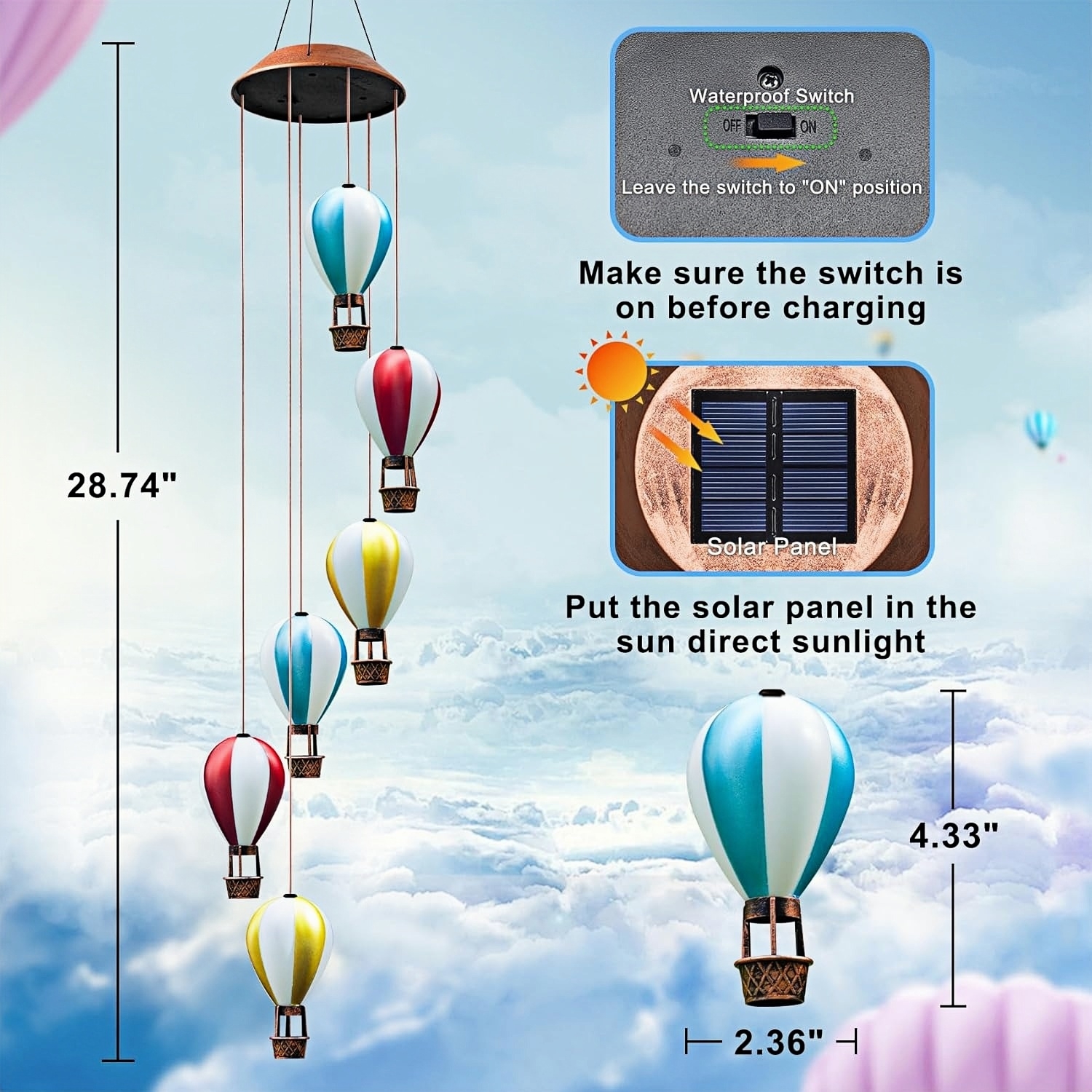 Hot Air Balloon Solar Wind Chimes Lights