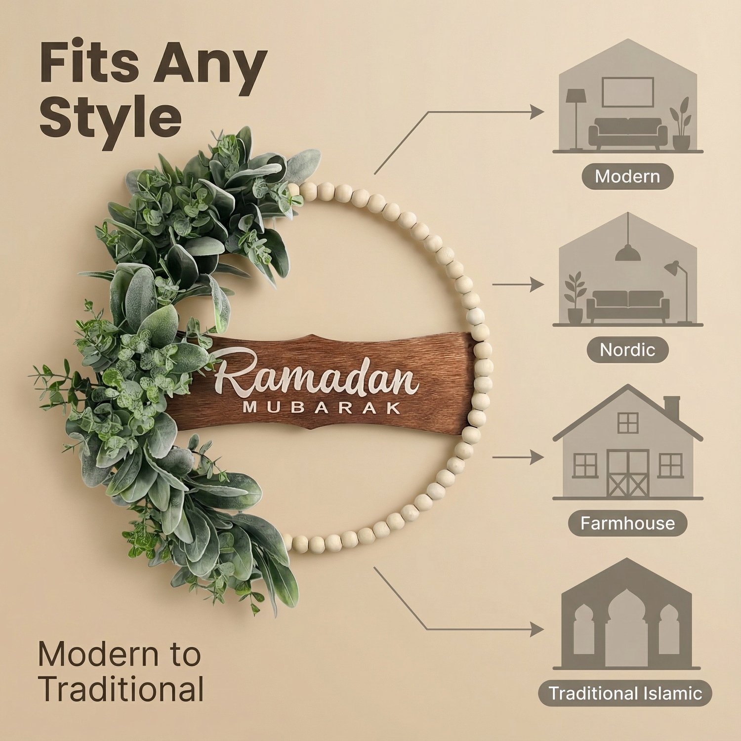 Ramadan Mubarak Wreath for Front Door – Greenery Decor for Ramadan & Eid