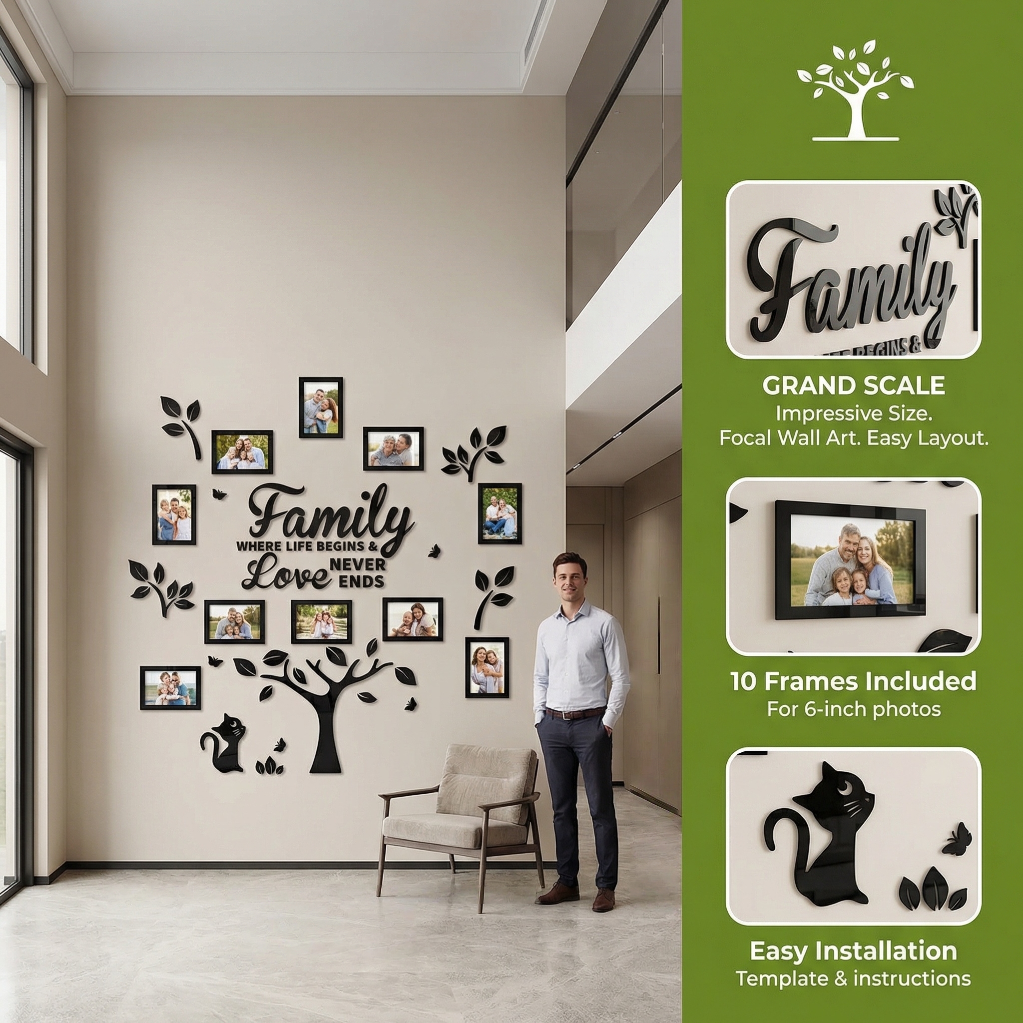 Family Tree Mirror Wall Art Set with Photo Frames – "Family Where Life Begins & Love Never Ends" Boho Cat Gallery Wall Décor