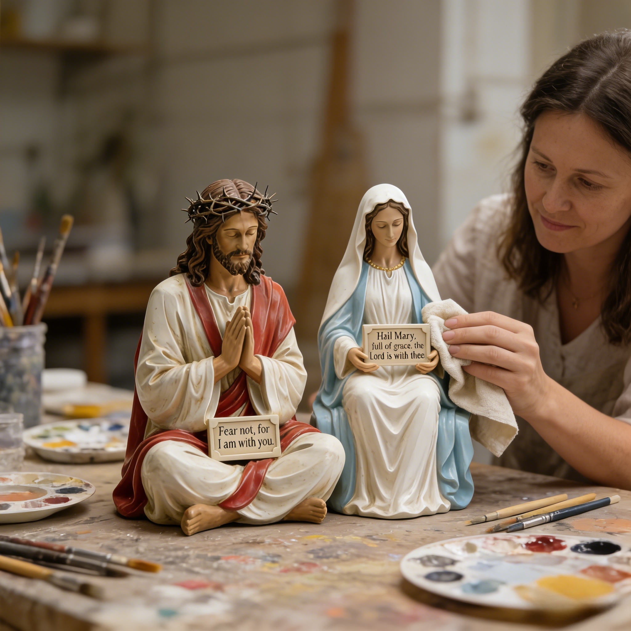 Hand-Painted Praying Jesus & Virgin Mary Figurines