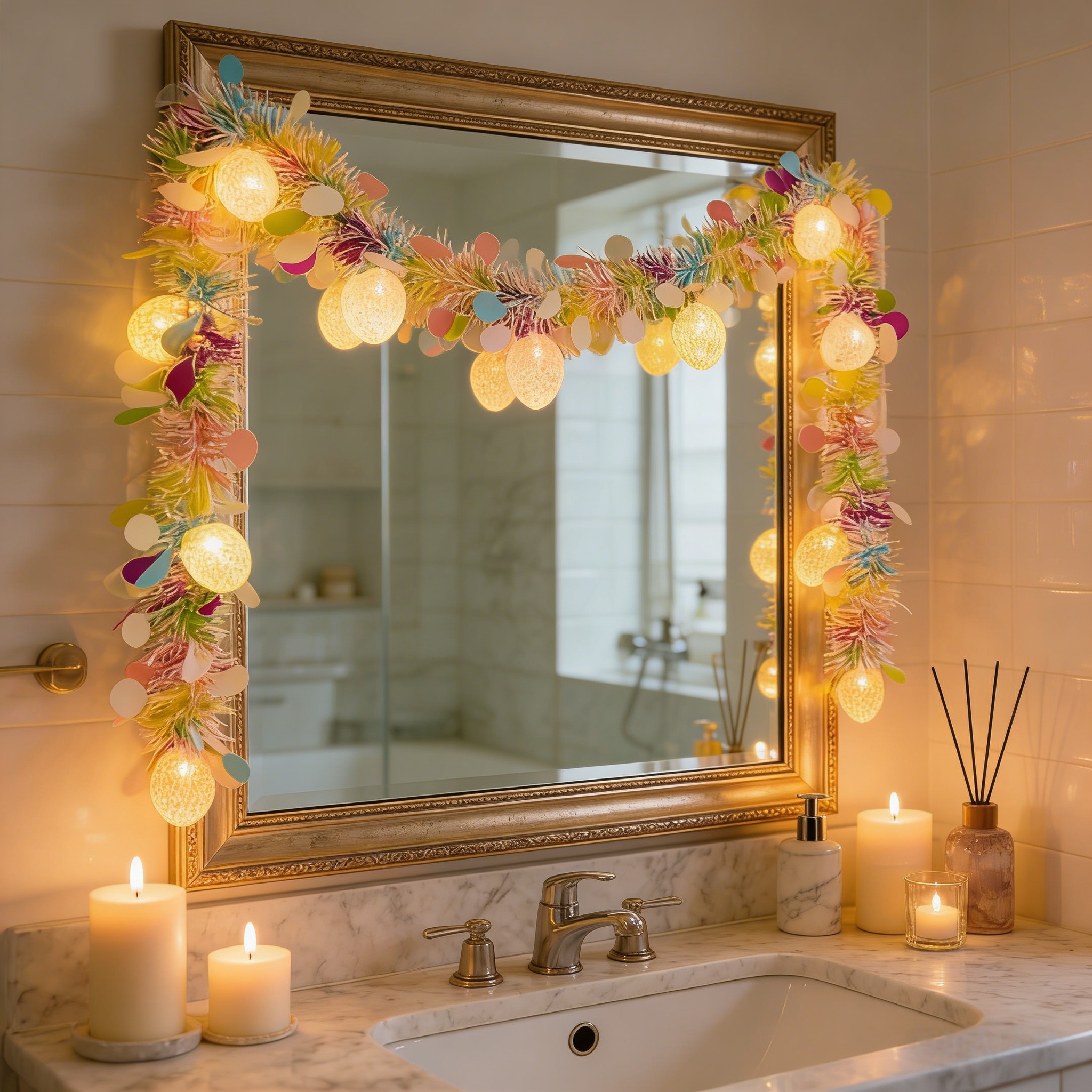 6.56FT Rainbow Easter Tinsel Garland with Egg String Lights