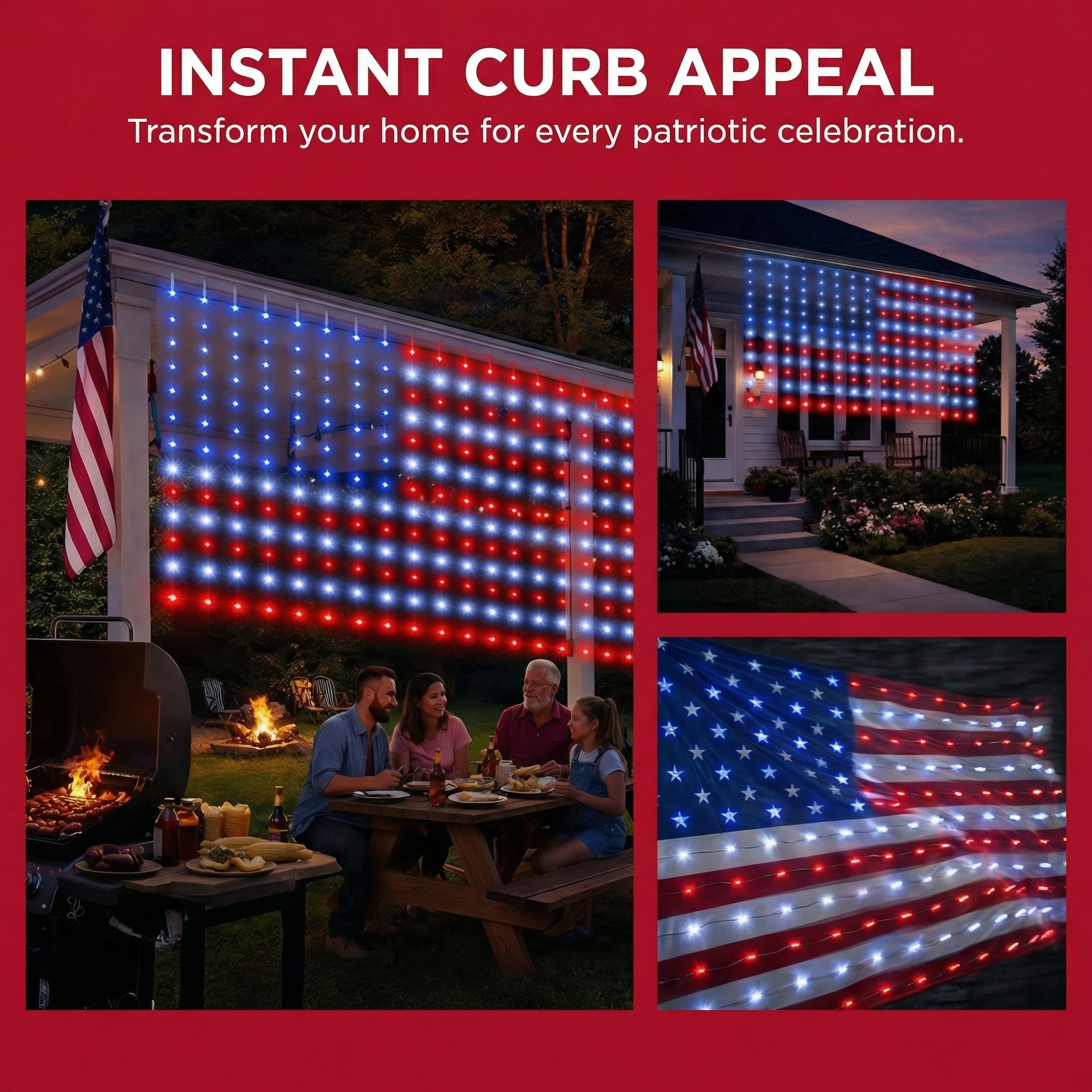 American Flag Curtain Lights, Waterproof Patriotic Outdoor String Lights, Red White Blue Decoration