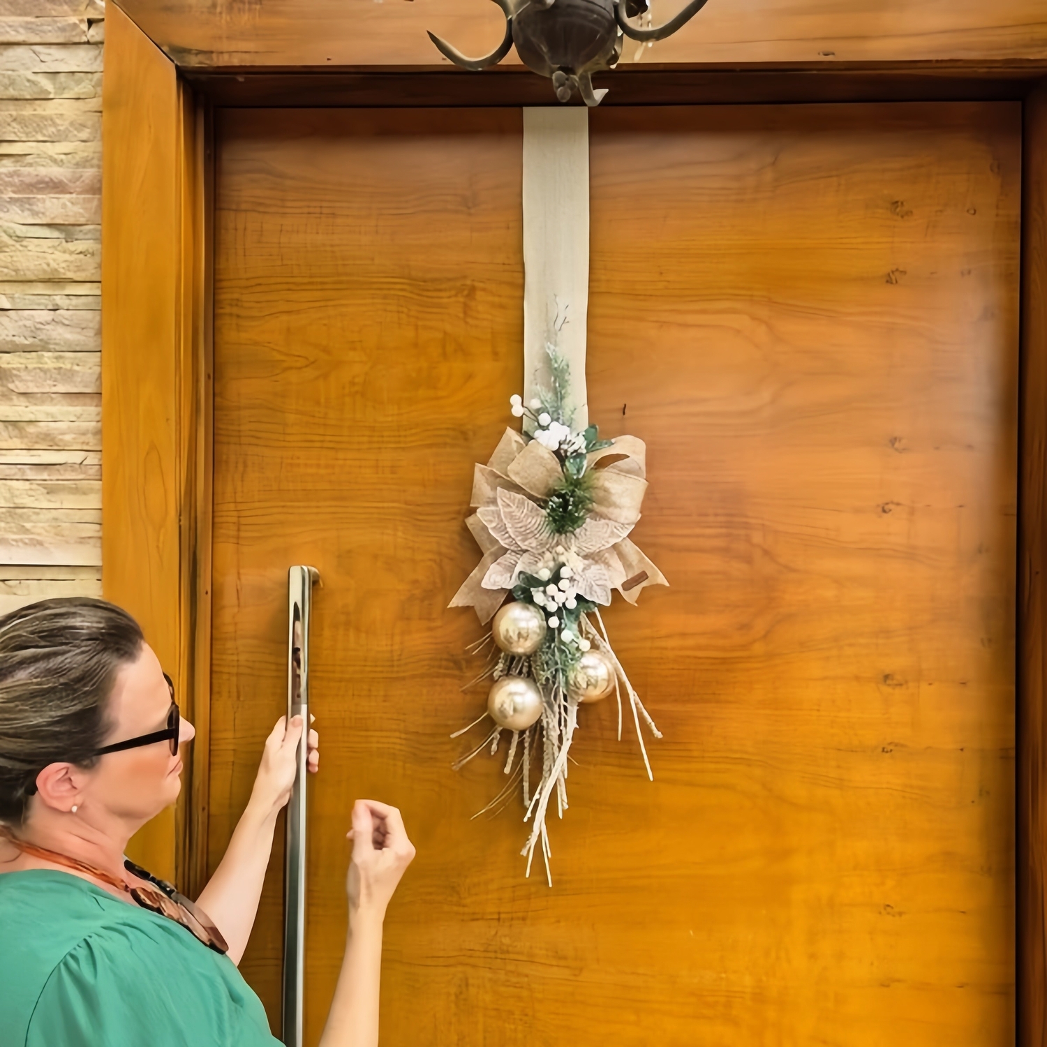 Glam Gold Christmas Door Ribbon with Ornaments & Greenery