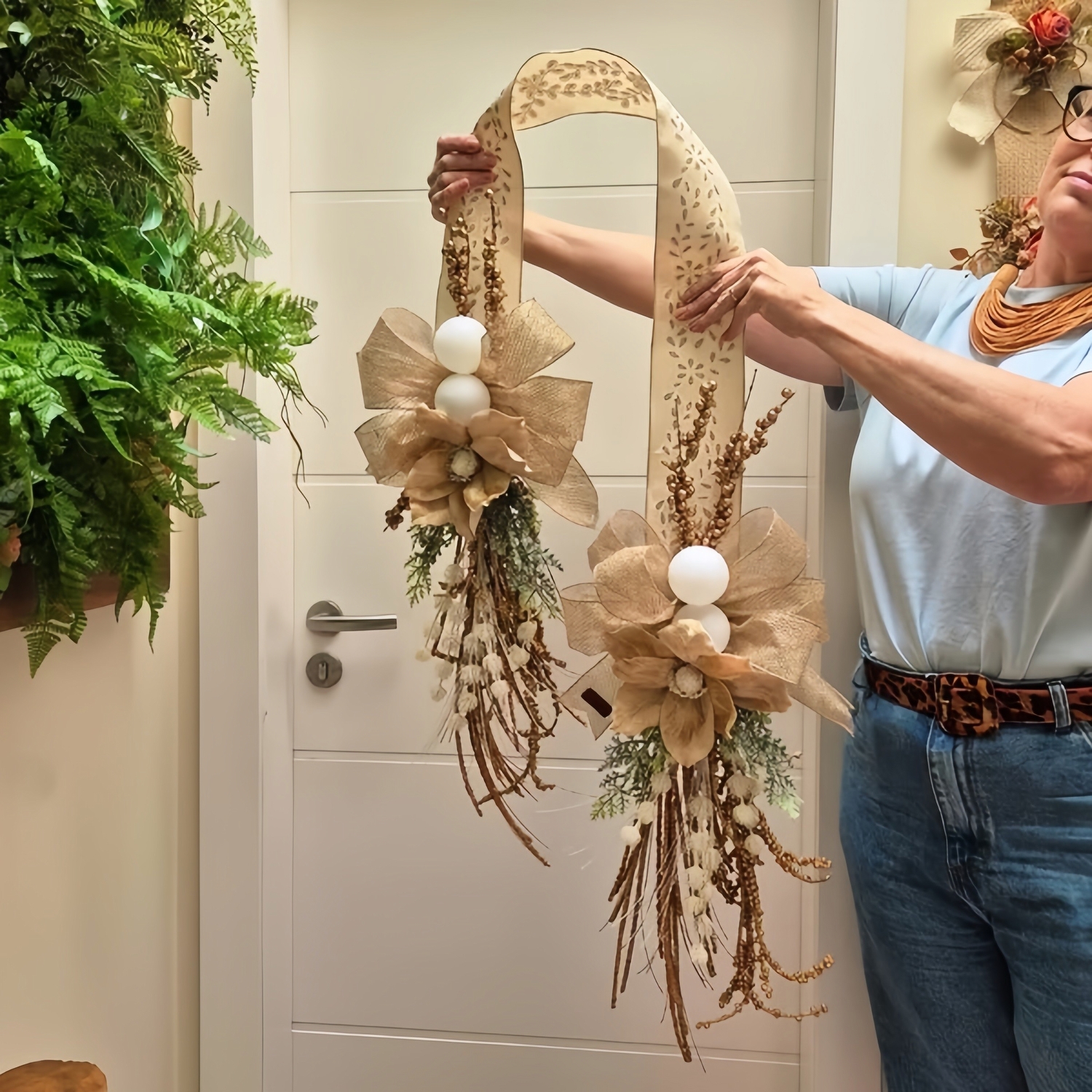 Elegant Bronze Double Ribbon Christmas Door Decor