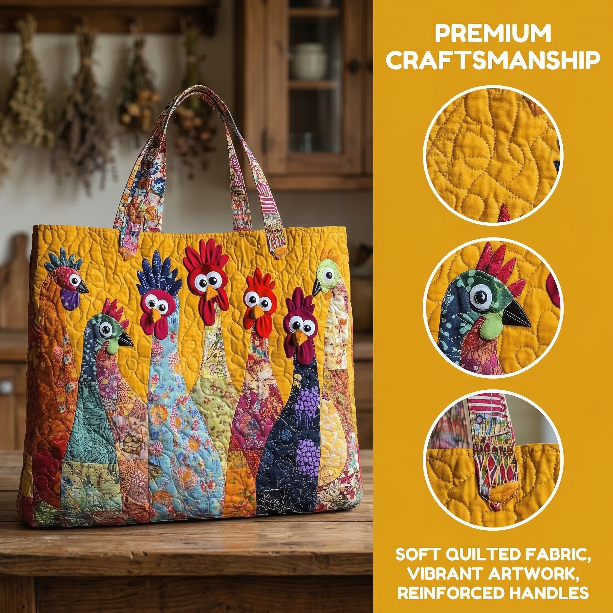 Colorful Chicken Patchwork Quilted Tote Bag