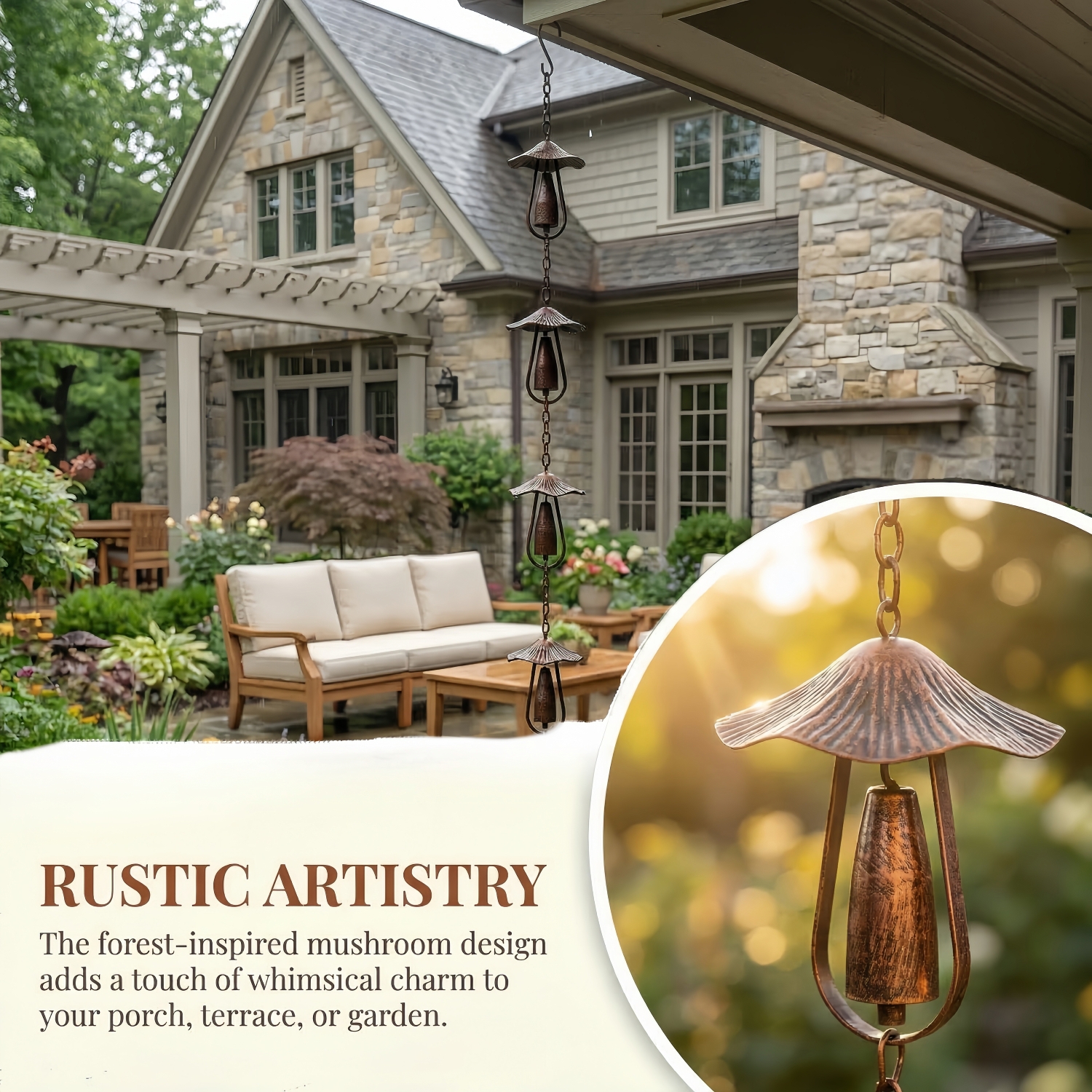 Mushroom Rain Chain with Bell Garden Decor