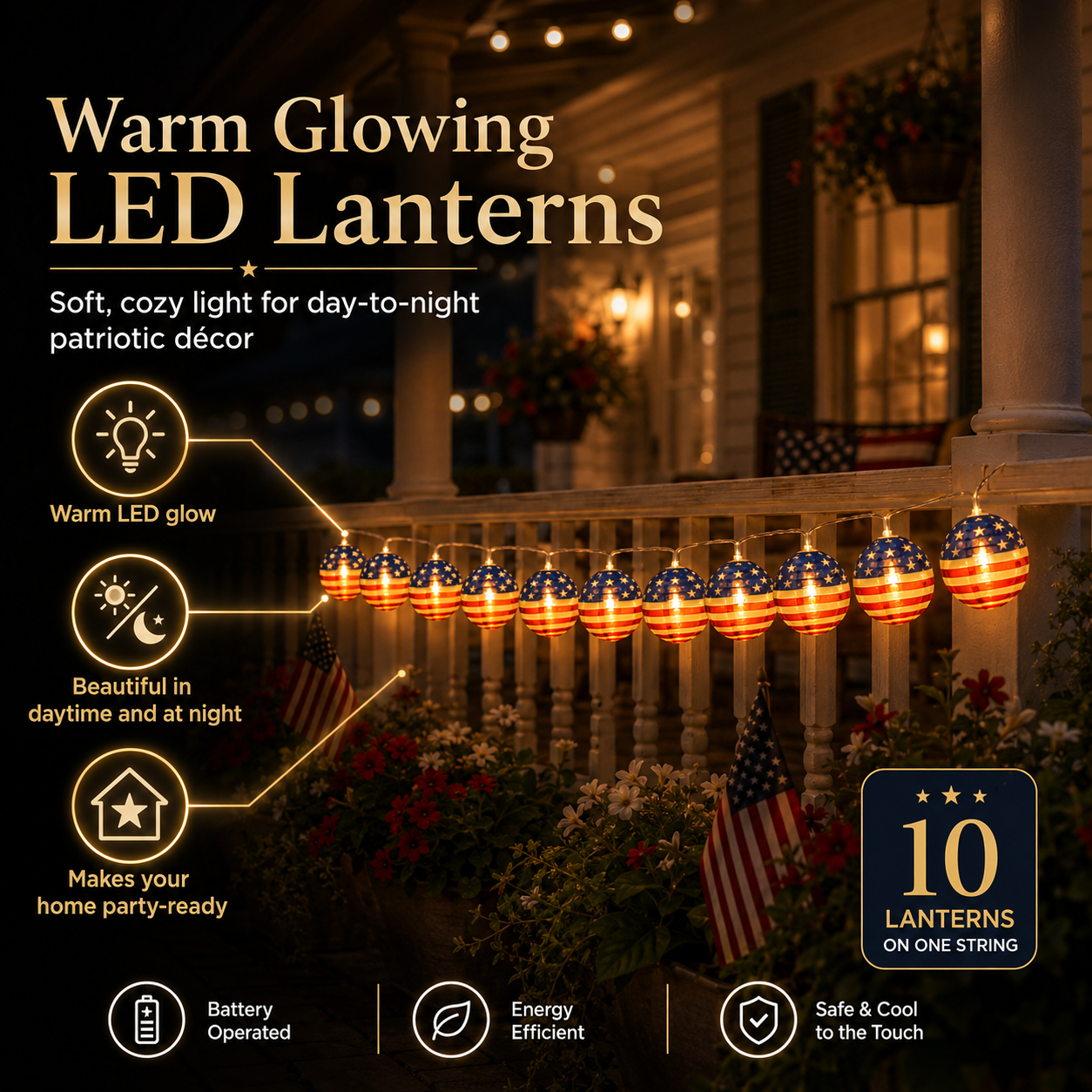 10 LED Patriotic American Flag Lantern String Lights