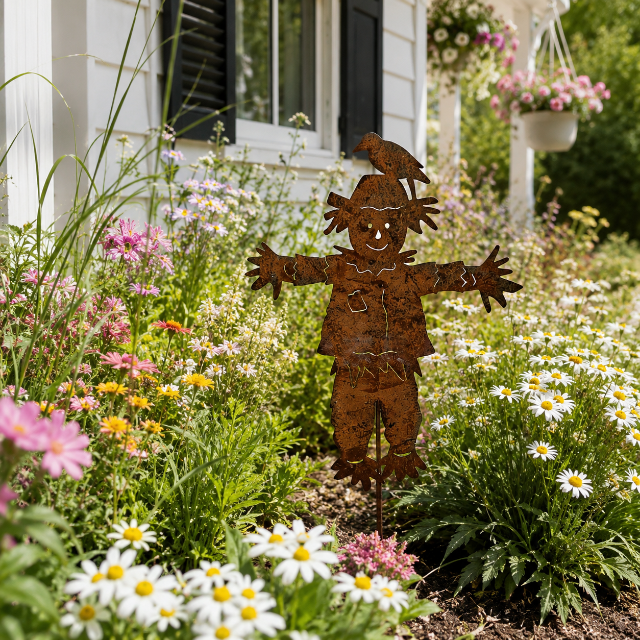 Rustic Metal Scarecrow Garden Stake with Crow