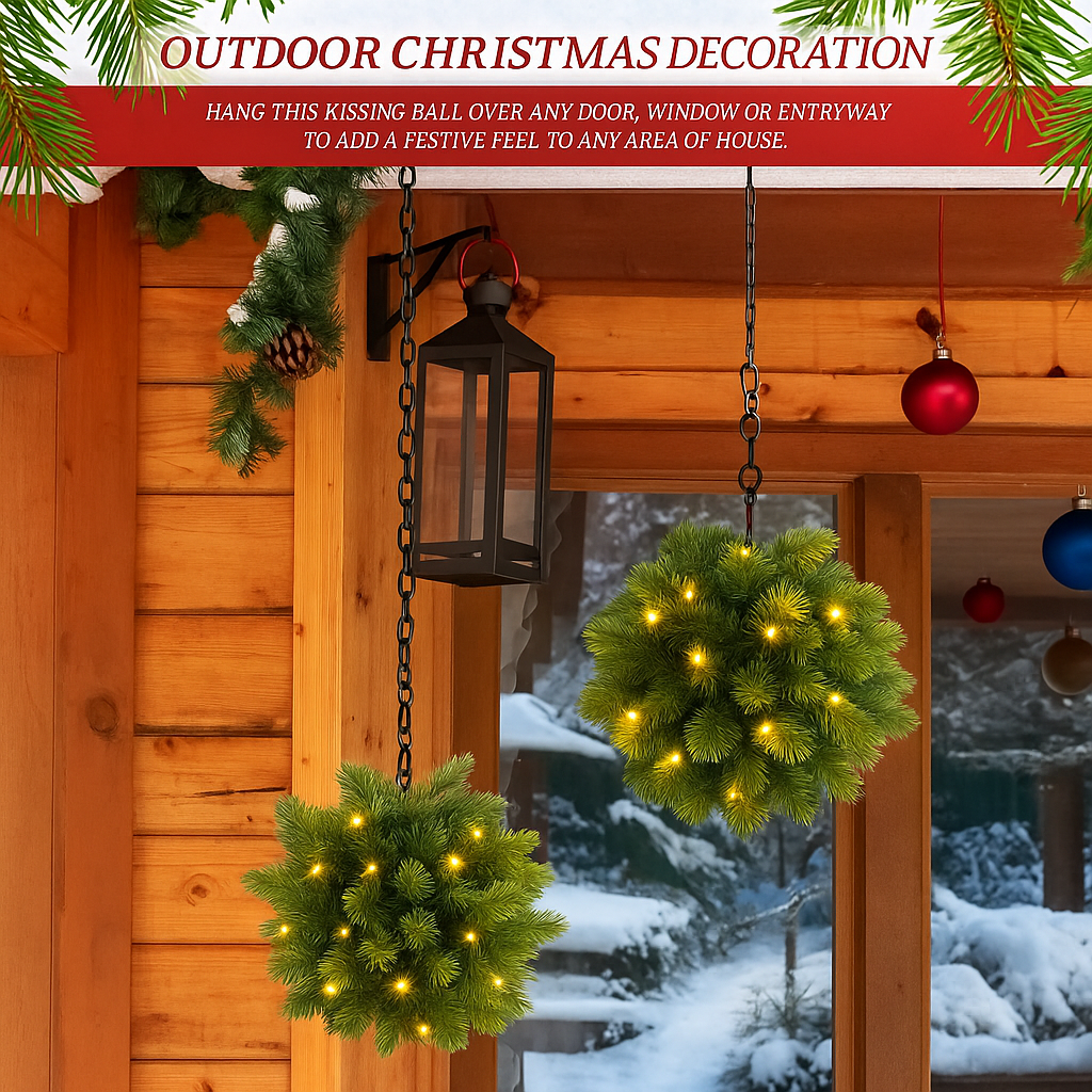15" Pre-Lit Outdoor Faux Pine Kissing Ball with Timer